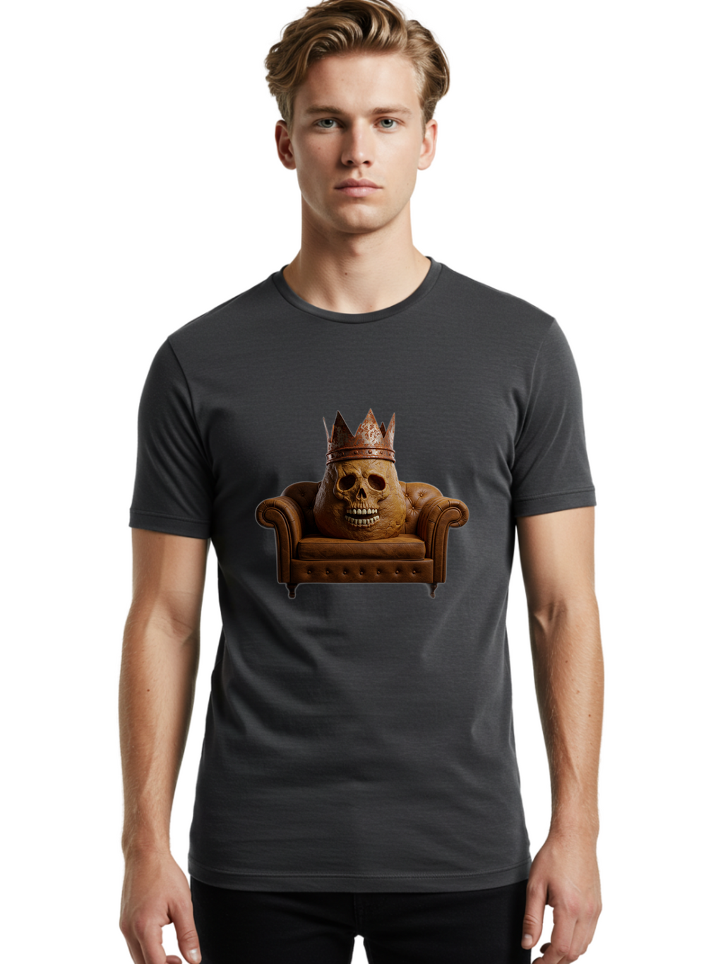 Crowned-Skull-On-Leather-Sofa Men'S Graphic Tee, 100% Cotton, Comfortable Casual Summer Wear, Machine Washable, Vintage Camera, Old Camera, Antique Camera, Black Camera, Classic Photography, Photography Equipment, Nostalgic Device, Bah832