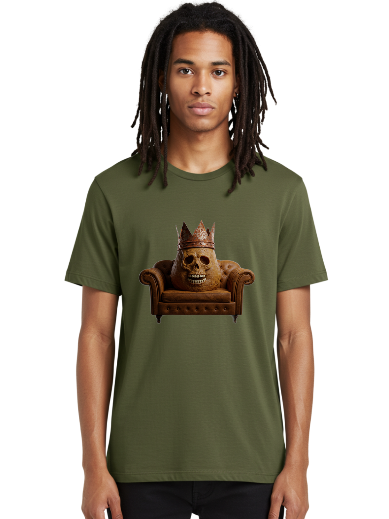 Crowned-Skull-On-Leather-Sofa Men'S Graphic Tee, 100% Cotton, Comfortable Casual Summer Wear, Machine Washable, Vintage Camera, Old Camera, Antique Camera, Black Camera, Classic Photography, Photography Equipment, Nostalgic Device, Bah832
