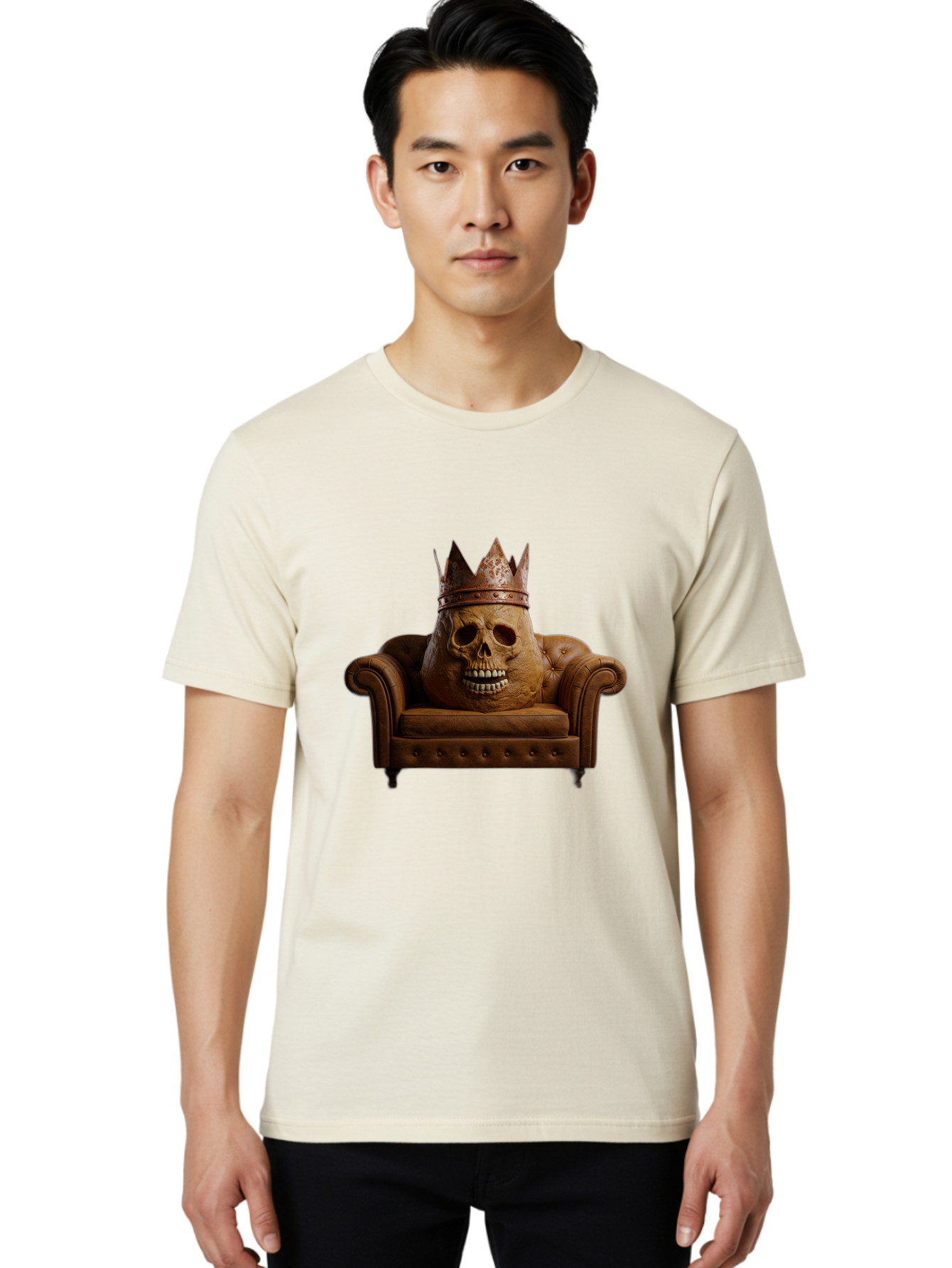 Crowned-Skull-On-Leather-Sofa Men'S Graphic Tee, 100% Cotton, Comfortable Casual Summer Wear, Machine Washable, Vintage Camera, Old Camera, Antique Camera, Black Camera, Classic Photography, Photography Equipment, Nostalgic Device, Bah832