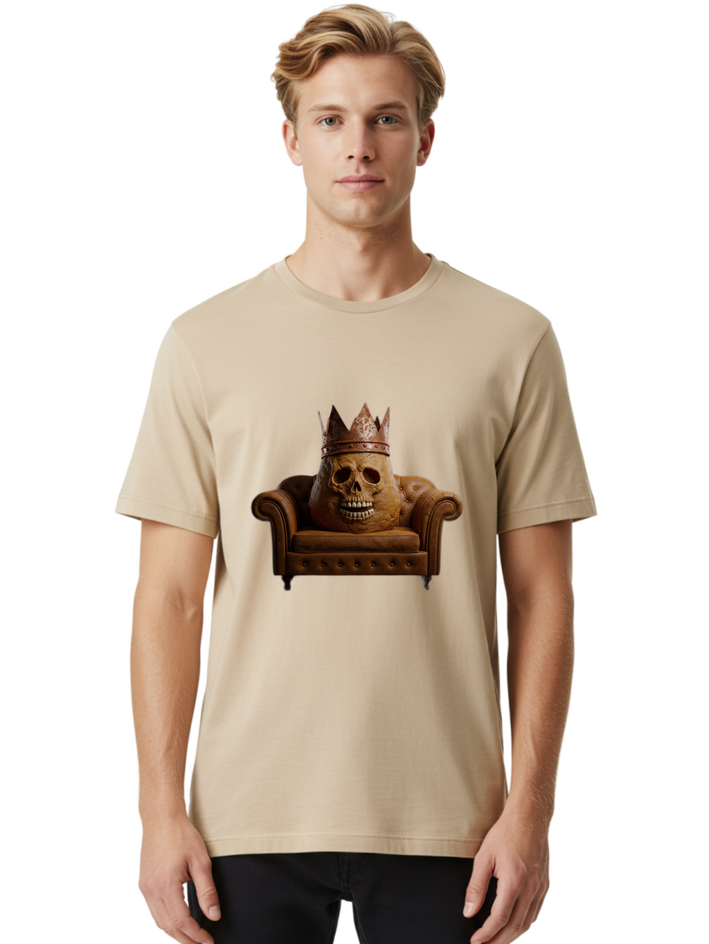 Crowned-Skull-On-Leather-Sofa Men'S Graphic Tee, 100% Cotton, Comfortable Casual Summer Wear, Machine Washable, Vintage Camera, Old Camera, Antique Camera, Black Camera, Classic Photography, Photography Equipment, Nostalgic Device, Bah832