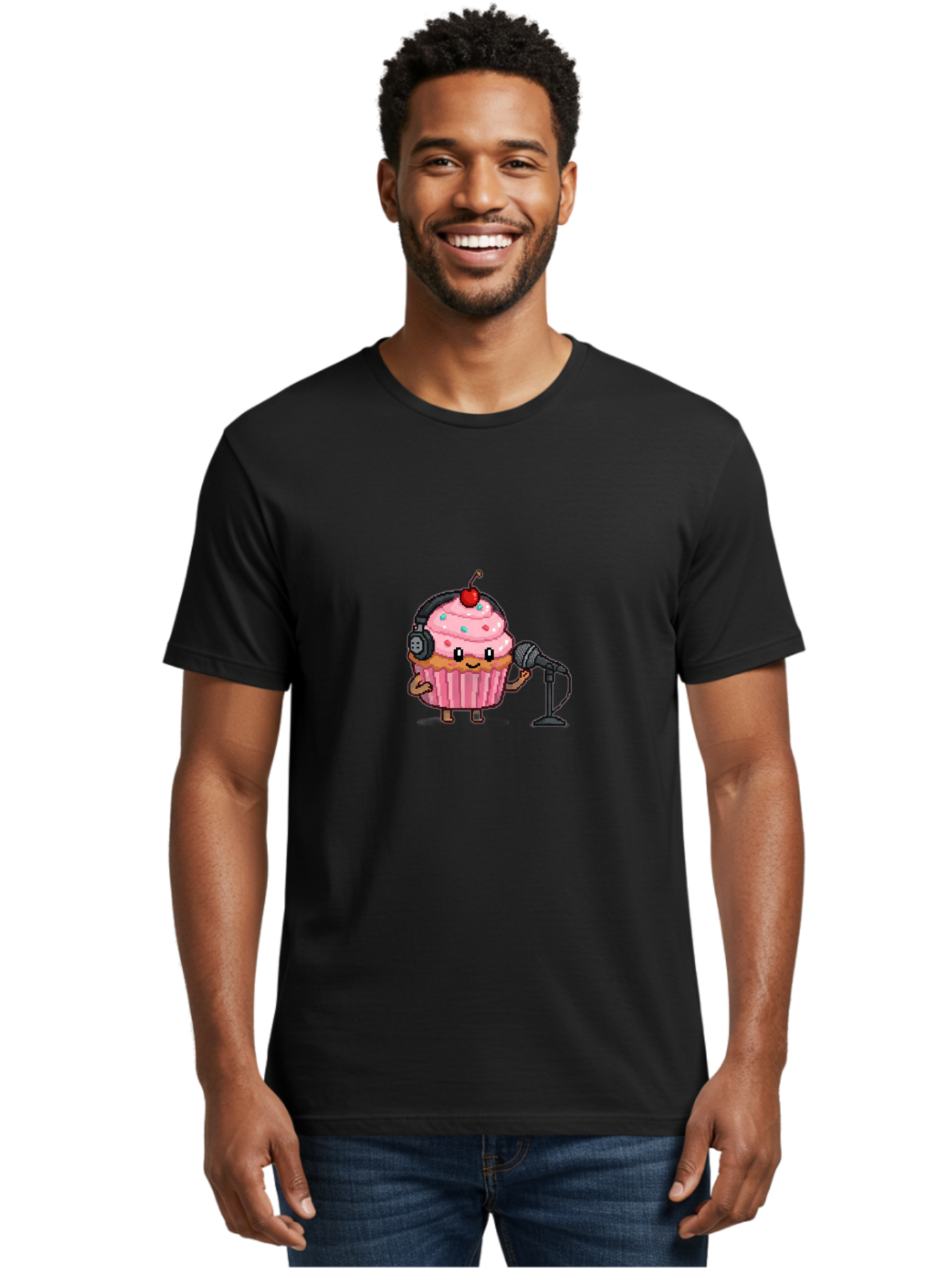 Cupcake-With-Headphones-1 Men'S Graphic Tee, 100% Cotton, Comfortable Casual Summer Wear, Machine Washable, Vintage Camera, Old Camera, Antique Camera, Black Camera, Classic Photography, Photography Equipment, Nostalgic Device, Film Camera, Bah868