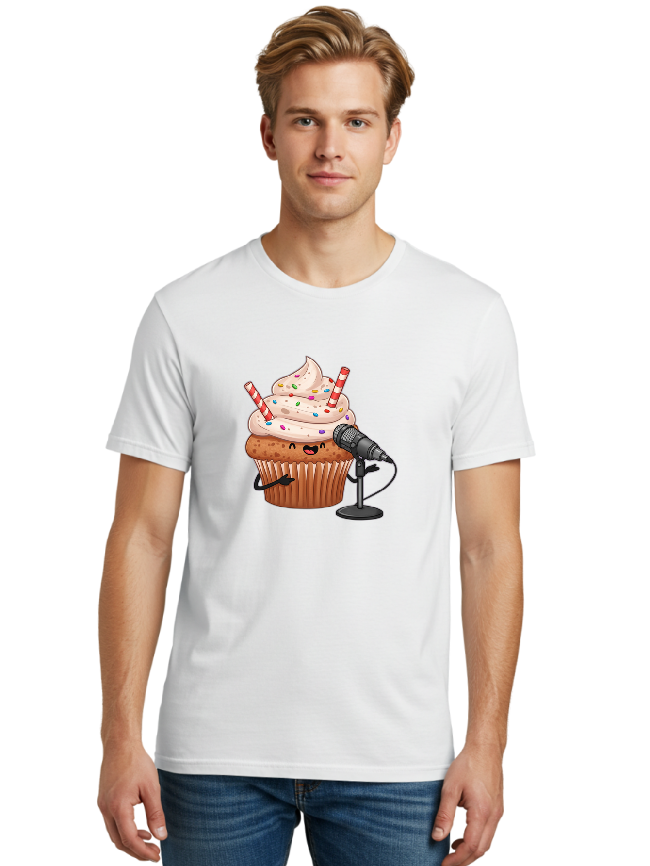 Cupcake-With-Microphone-1 Men'S Graphic Tee, 100% Cotton, Comfortable Casual Summer Wear, Machine Washable, Vintage Camera, Old Camera, Antique Camera, Black Camera, Classic Photography, Photography Equipment, Nostalgic Device, Film Camera, Bah870