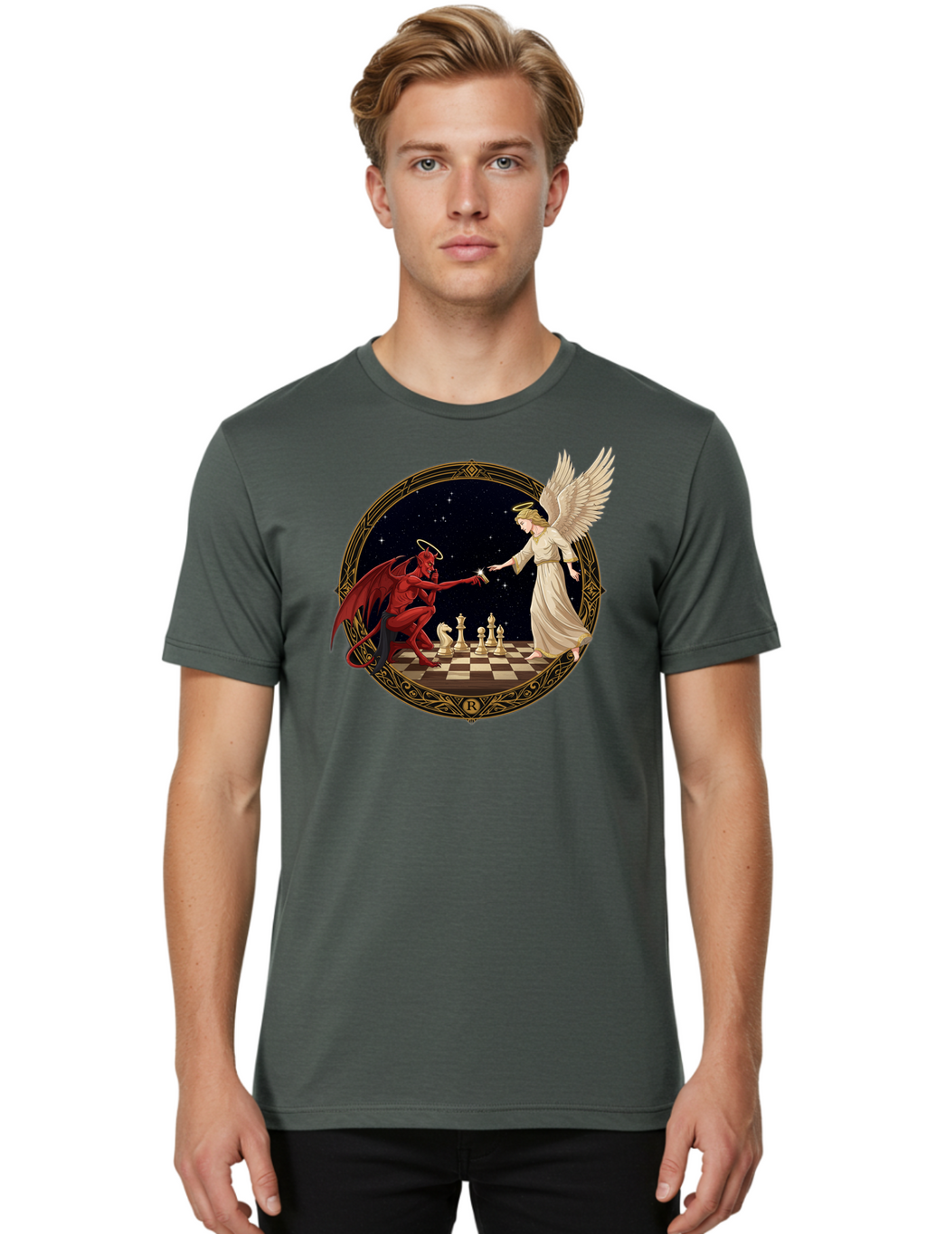 Demon-And-Angel-Playing-Chess Men'S Graphic Tee, 100% Cotton, Comfortable Casual Summer Wear, Machine Washable, Vintage Camera, Old Camera, Antique Camera, Black Camera, Classic Photography, Photography Equipment, Nostalgic Device, Bah897