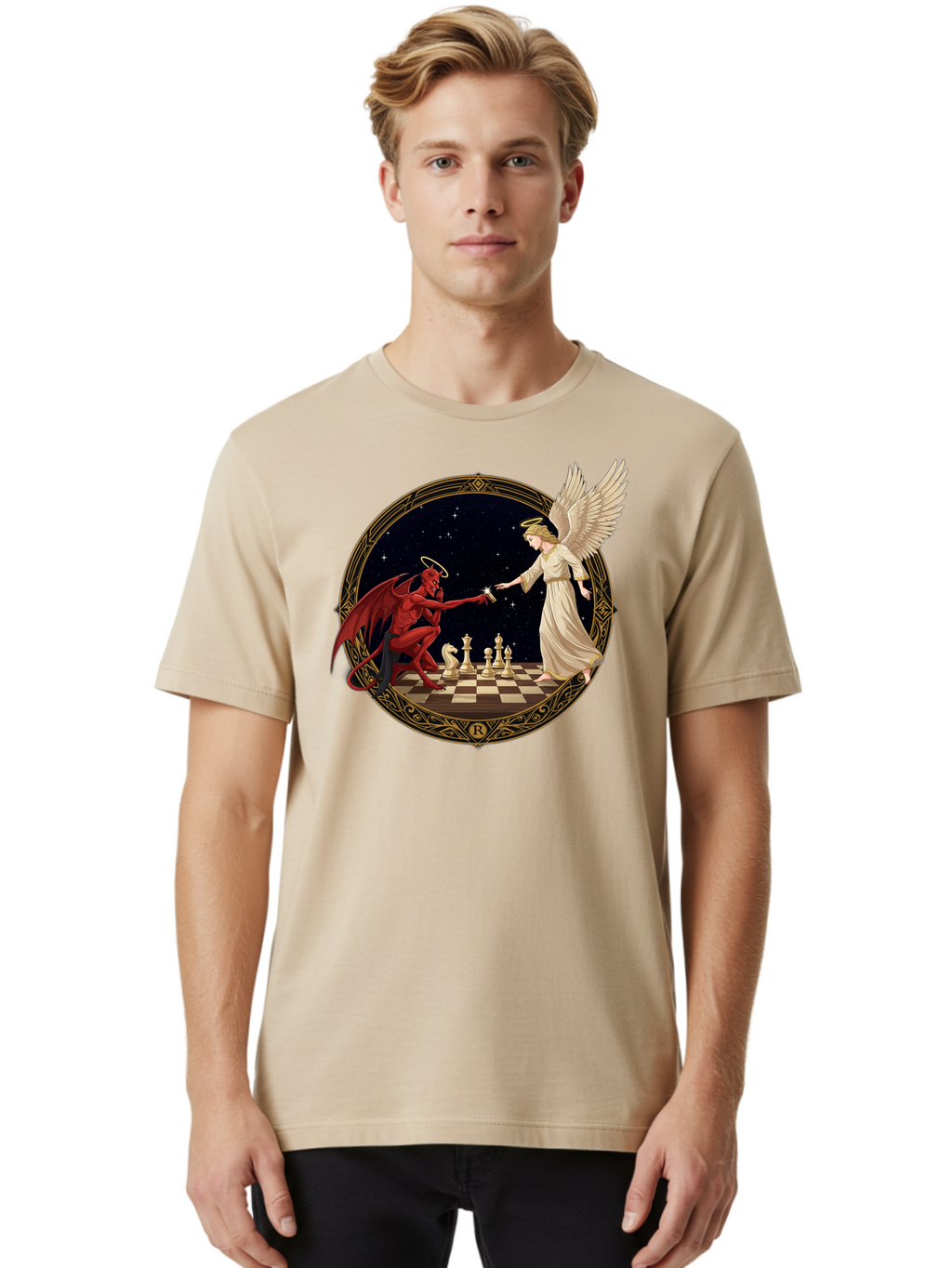 Demon-And-Angel-Playing-Chess Men'S Graphic Tee, 100% Cotton, Comfortable Casual Summer Wear, Machine Washable, Vintage Camera, Old Camera, Antique Camera, Black Camera, Classic Photography, Photography Equipment, Nostalgic Device, Bah897
