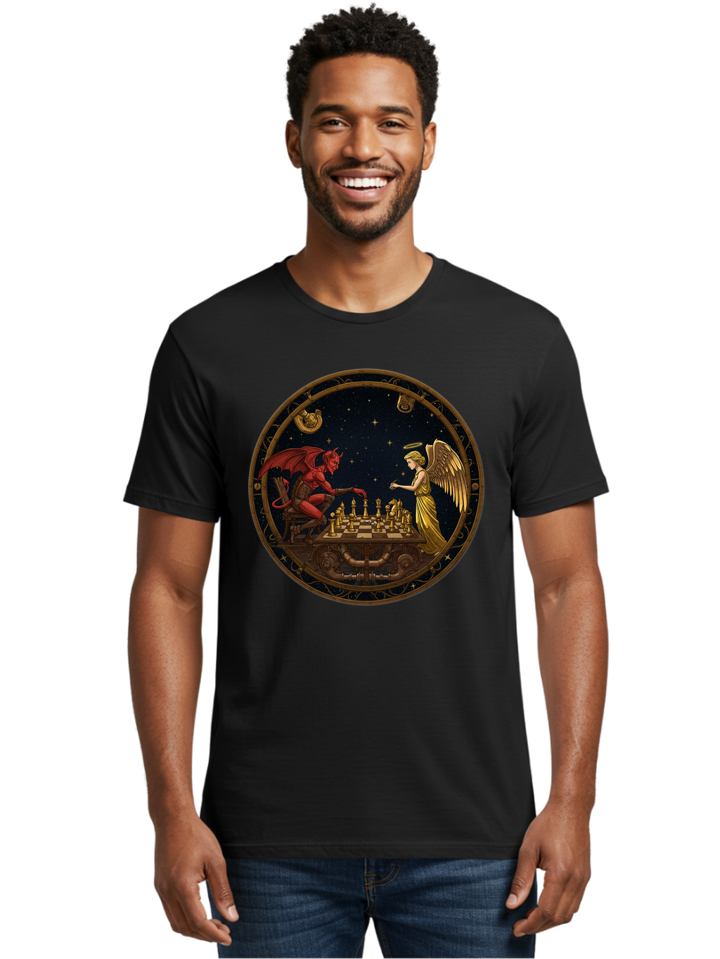 Devil-Vs-Angel-Chess-1 Men'S Graphic Tee, 100% Cotton, Comfortable Casual Summer Wear, Machine Washable, Vintage Camera, Old Camera, Antique Camera, Black Camera, Classic Photography, Photography Equipment, Nostalgic Device, Film Camera, Bah903