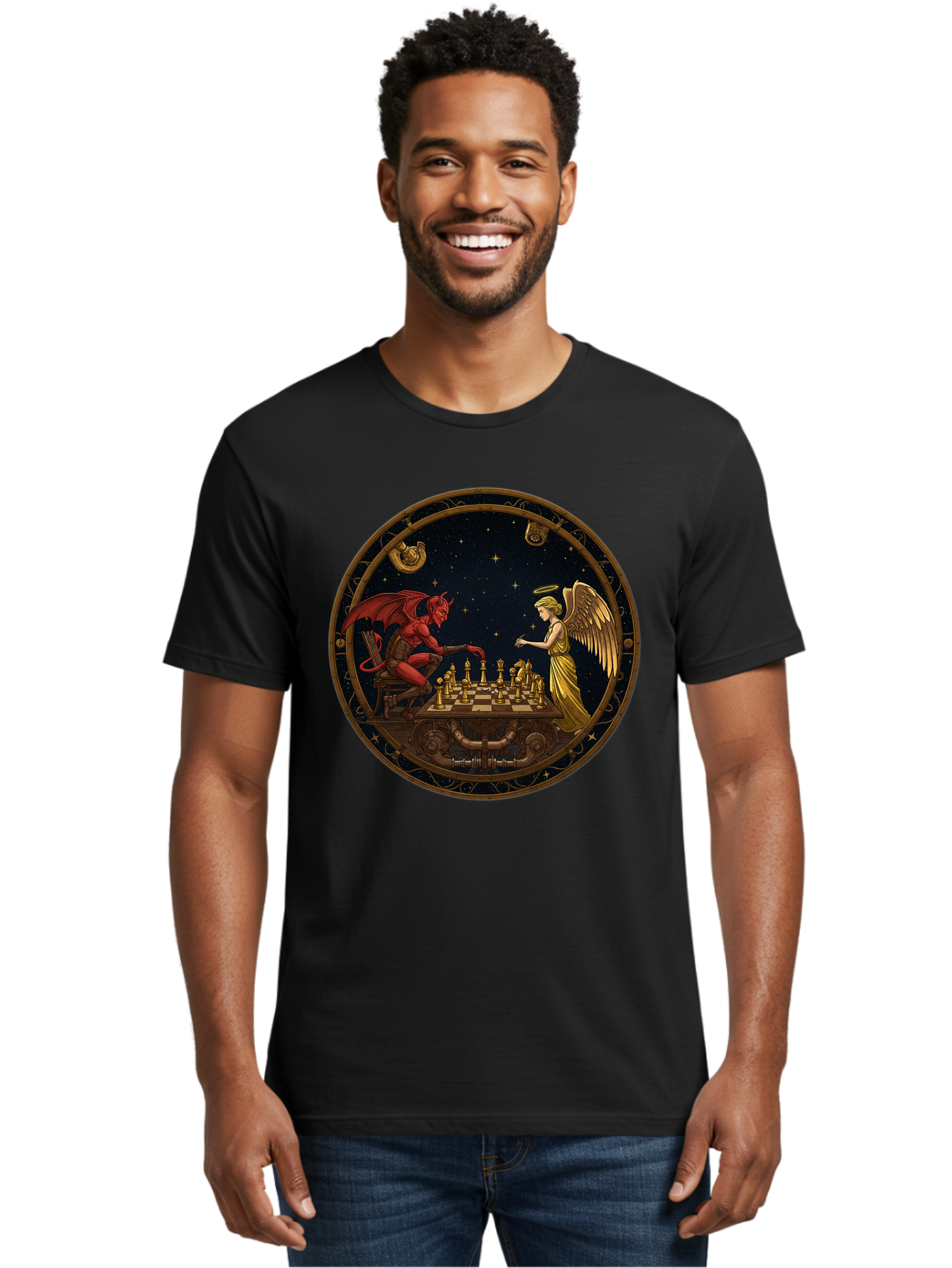 Devil-Vs-Angel-Chess-1 Men'S Graphic Tee, 100% Cotton, Comfortable Casual Summer Wear, Machine Washable, Vintage Camera, Old Camera, Antique Camera, Black Camera, Classic Photography, Photography Equipment, Nostalgic Device, Film Camera, Bah903