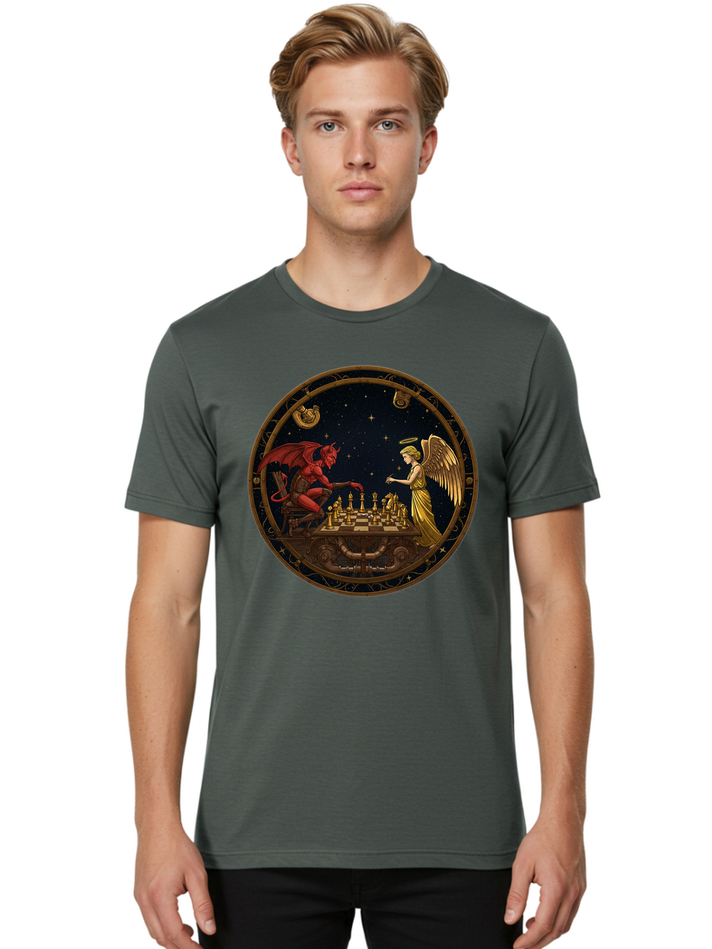 Devil-Vs-Angel-Chess-1 Men'S Graphic Tee, 100% Cotton, Comfortable Casual Summer Wear, Machine Washable, Vintage Camera, Old Camera, Antique Camera, Black Camera, Classic Photography, Photography Equipment, Nostalgic Device, Film Camera, Bah903