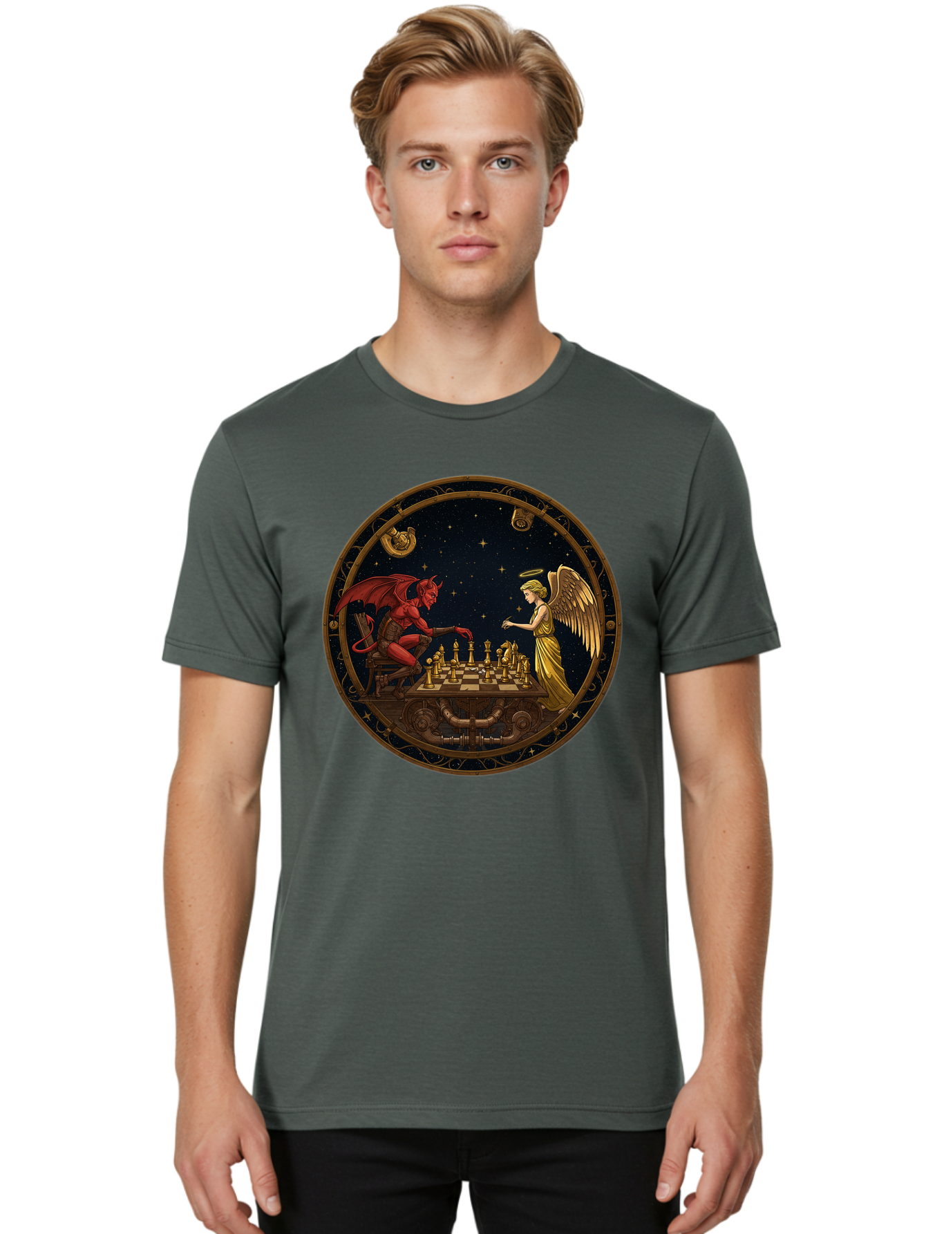 Devil-Vs-Angel-Chess-1 Men'S Graphic Tee, 100% Cotton, Comfortable Casual Summer Wear, Machine Washable, Vintage Camera, Old Camera, Antique Camera, Black Camera, Classic Photography, Photography Equipment, Nostalgic Device, Film Camera, Bah903