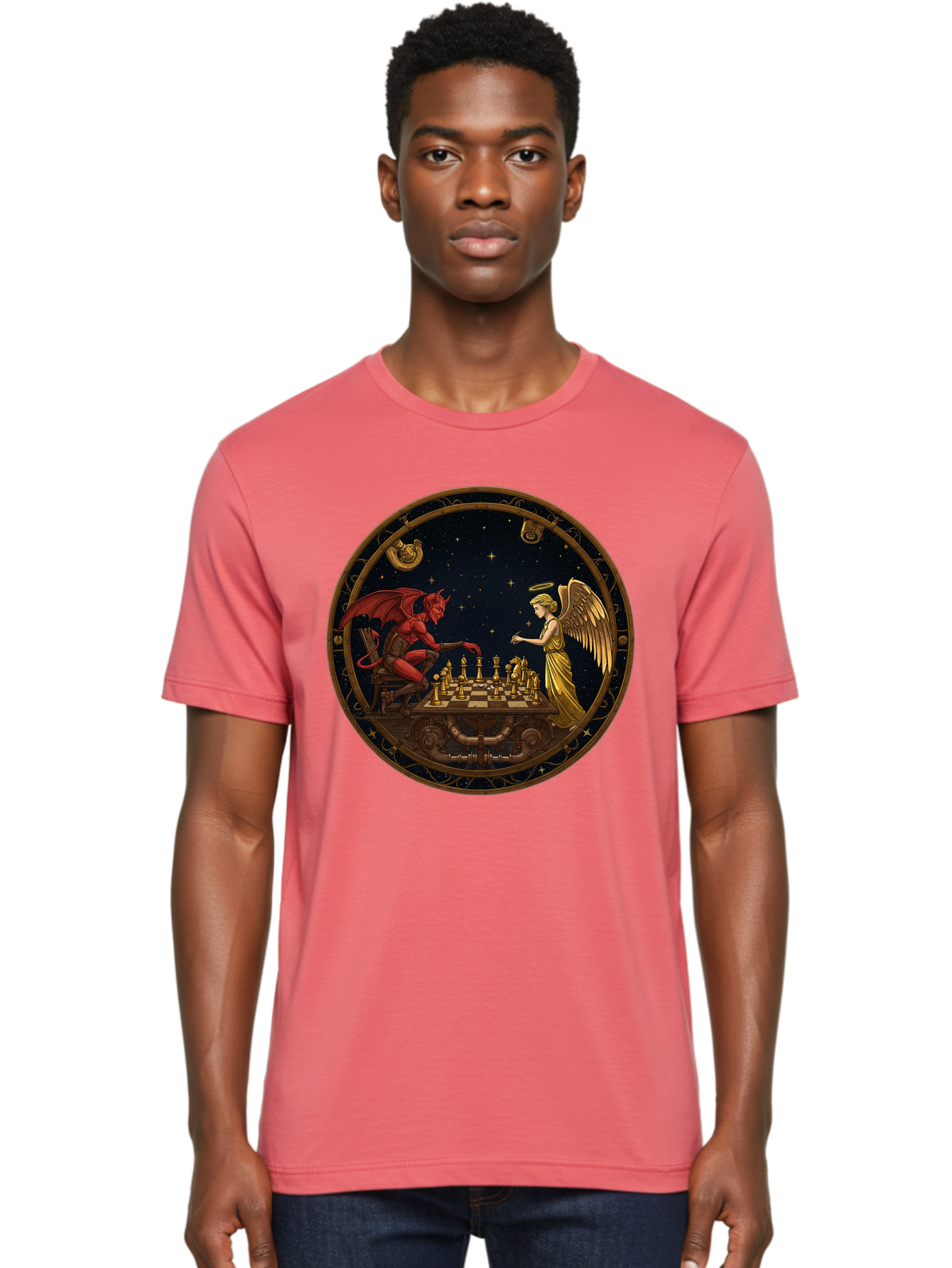Devil-Vs-Angel-Chess-1 Men'S Graphic Tee, 100% Cotton, Comfortable Casual Summer Wear, Machine Washable, Vintage Camera, Old Camera, Antique Camera, Black Camera, Classic Photography, Photography Equipment, Nostalgic Device, Film Camera, Bah903