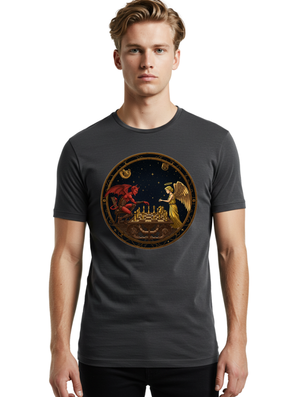 Devil-Vs-Angel-Chess-1 Men'S Graphic Tee, 100% Cotton, Comfortable Casual Summer Wear, Machine Washable, Vintage Camera, Old Camera, Antique Camera, Black Camera, Classic Photography, Photography Equipment, Nostalgic Device, Film Camera, Bah903
