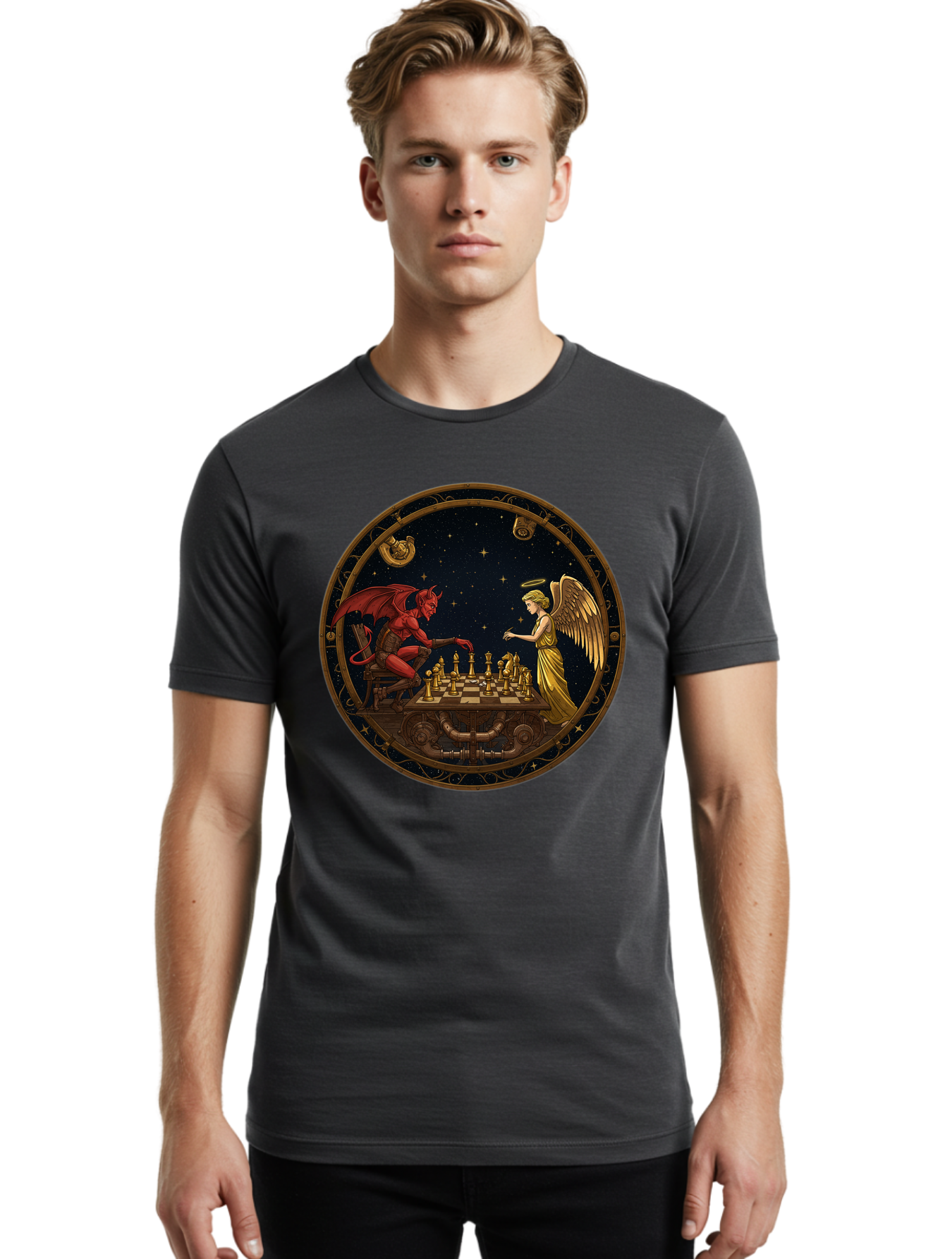 Devil-Vs-Angel-Chess-1 Men'S Graphic Tee, 100% Cotton, Comfortable Casual Summer Wear, Machine Washable, Vintage Camera, Old Camera, Antique Camera, Black Camera, Classic Photography, Photography Equipment, Nostalgic Device, Film Camera, Bah903
