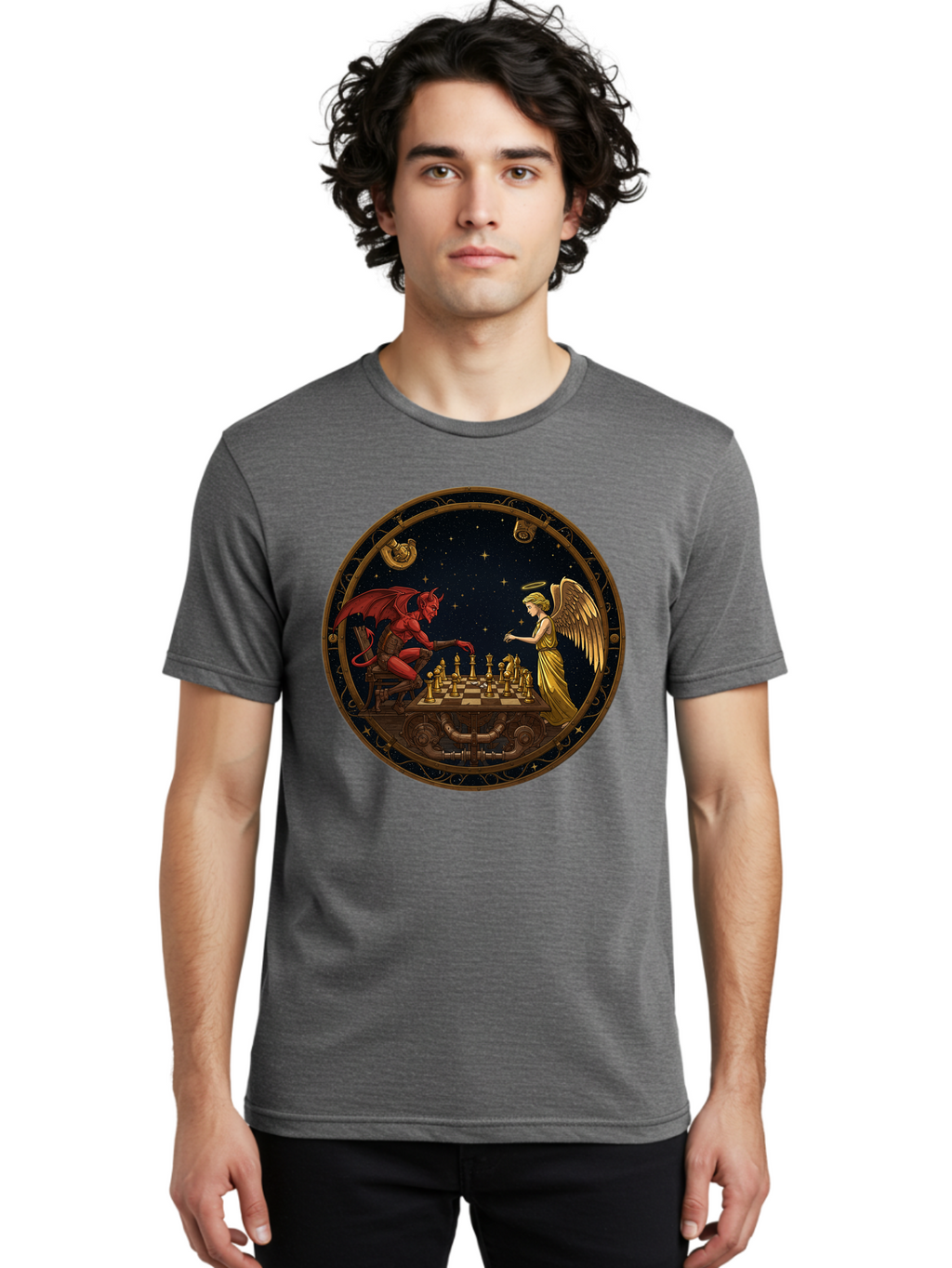 Devil-Vs-Angel-Chess-1 Men'S Graphic Tee, 100% Cotton, Comfortable Casual Summer Wear, Machine Washable, Vintage Camera, Old Camera, Antique Camera, Black Camera, Classic Photography, Photography Equipment, Nostalgic Device, Film Camera, Bah903