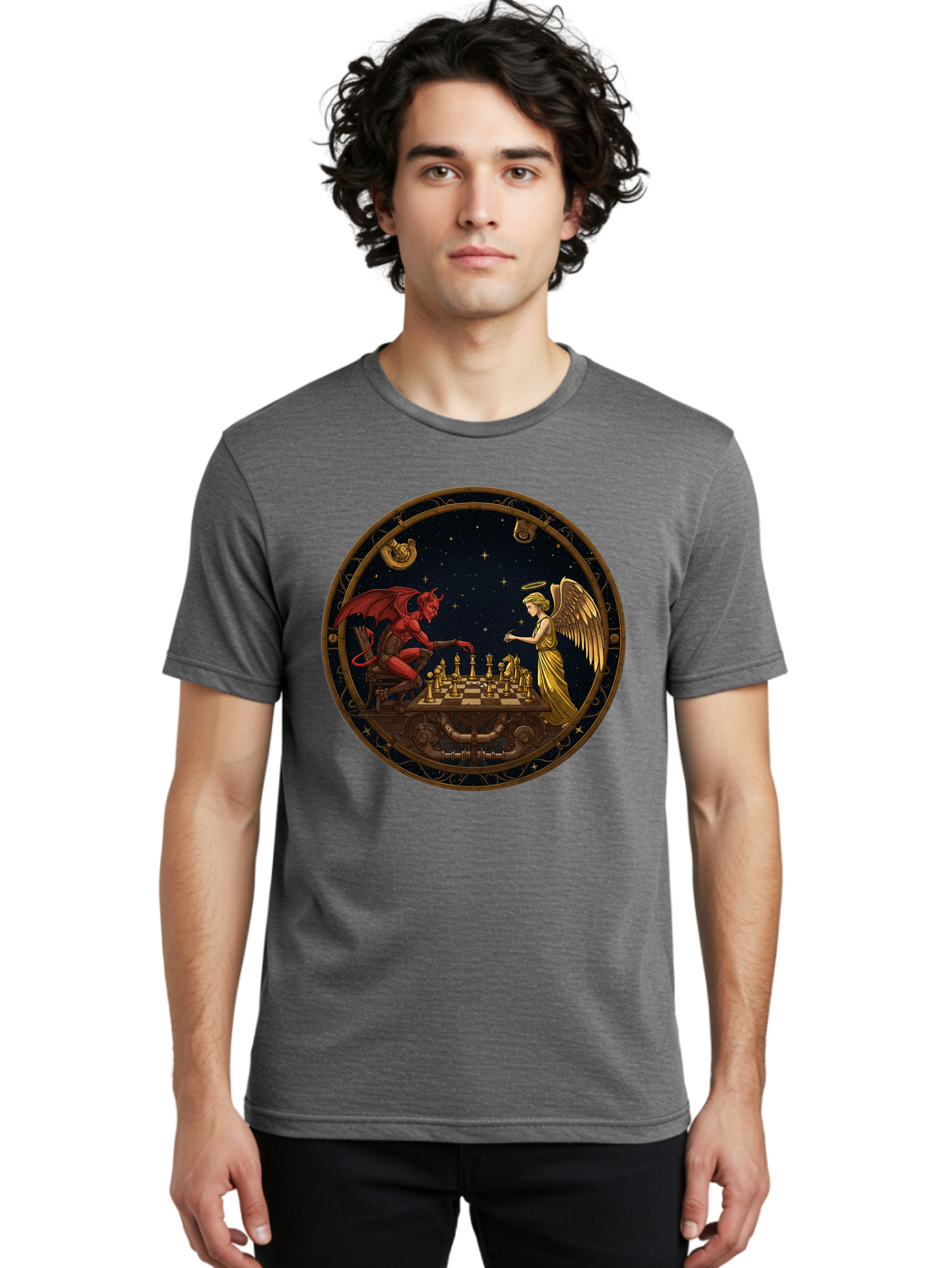 Devil-Vs-Angel-Chess-1 Men'S Graphic Tee, 100% Cotton, Comfortable Casual Summer Wear, Machine Washable, Vintage Camera, Old Camera, Antique Camera, Black Camera, Classic Photography, Photography Equipment, Nostalgic Device, Film Camera, Bah903