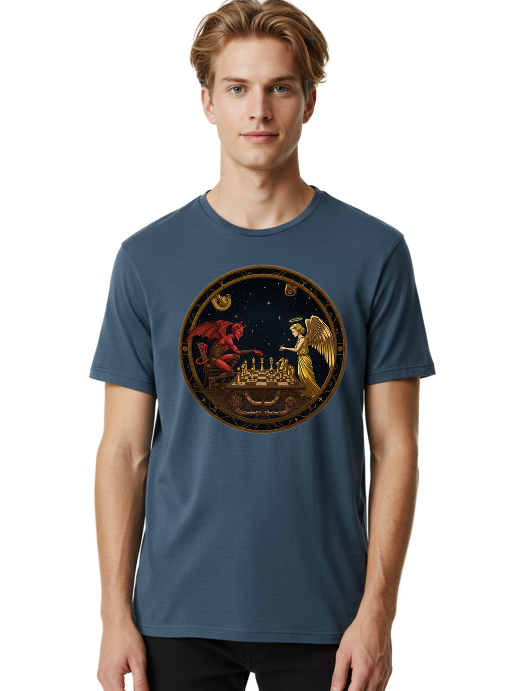 Devil-Vs-Angel-Chess-1 Men'S Graphic Tee, 100% Cotton, Comfortable Casual Summer Wear, Machine Washable, Vintage Camera, Old Camera, Antique Camera, Black Camera, Classic Photography, Photography Equipment, Nostalgic Device, Film Camera, Bah903