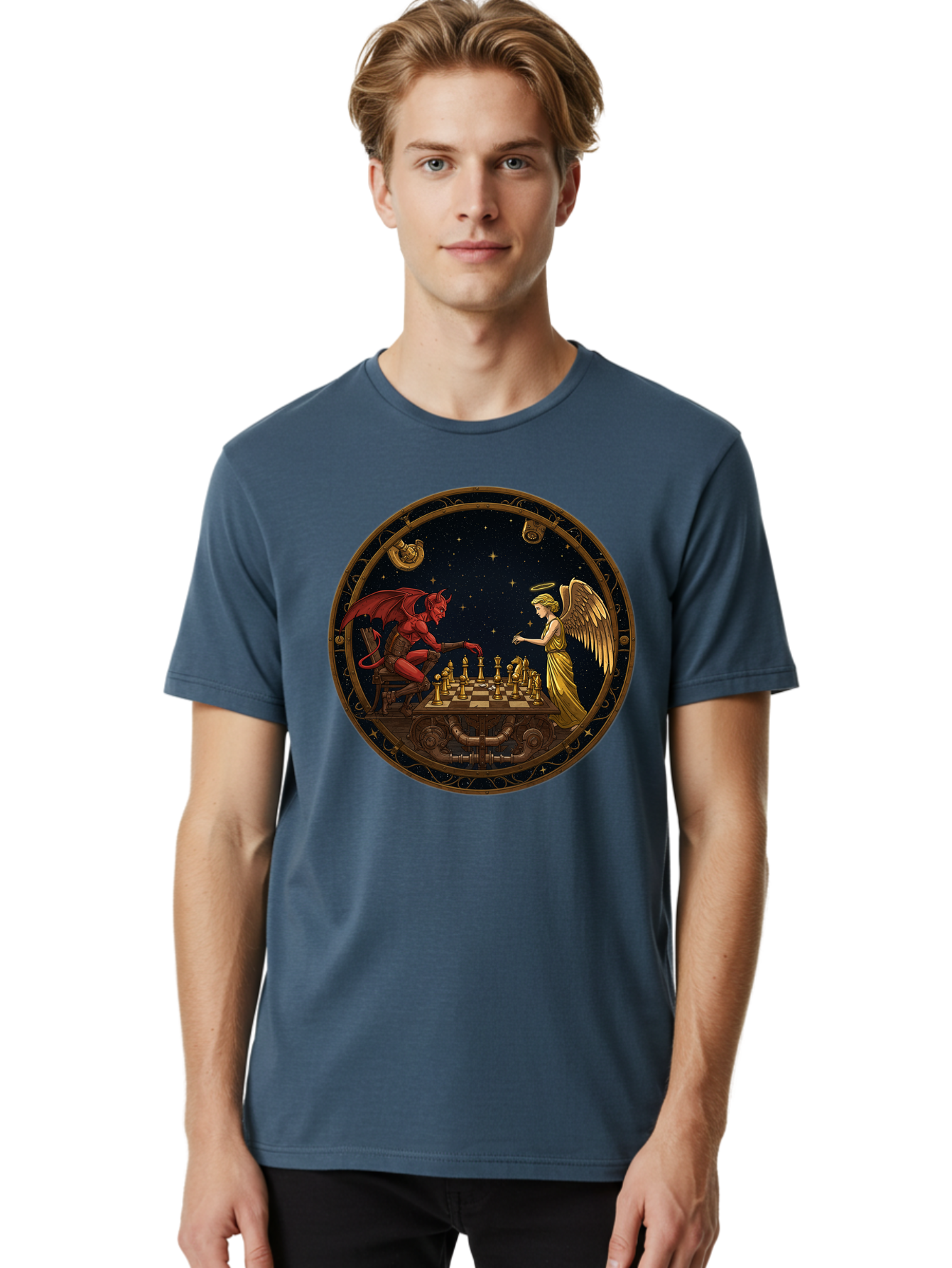 Devil-Vs-Angel-Chess-1 Men'S Graphic Tee, 100% Cotton, Comfortable Casual Summer Wear, Machine Washable, Vintage Camera, Old Camera, Antique Camera, Black Camera, Classic Photography, Photography Equipment, Nostalgic Device, Film Camera, Bah903