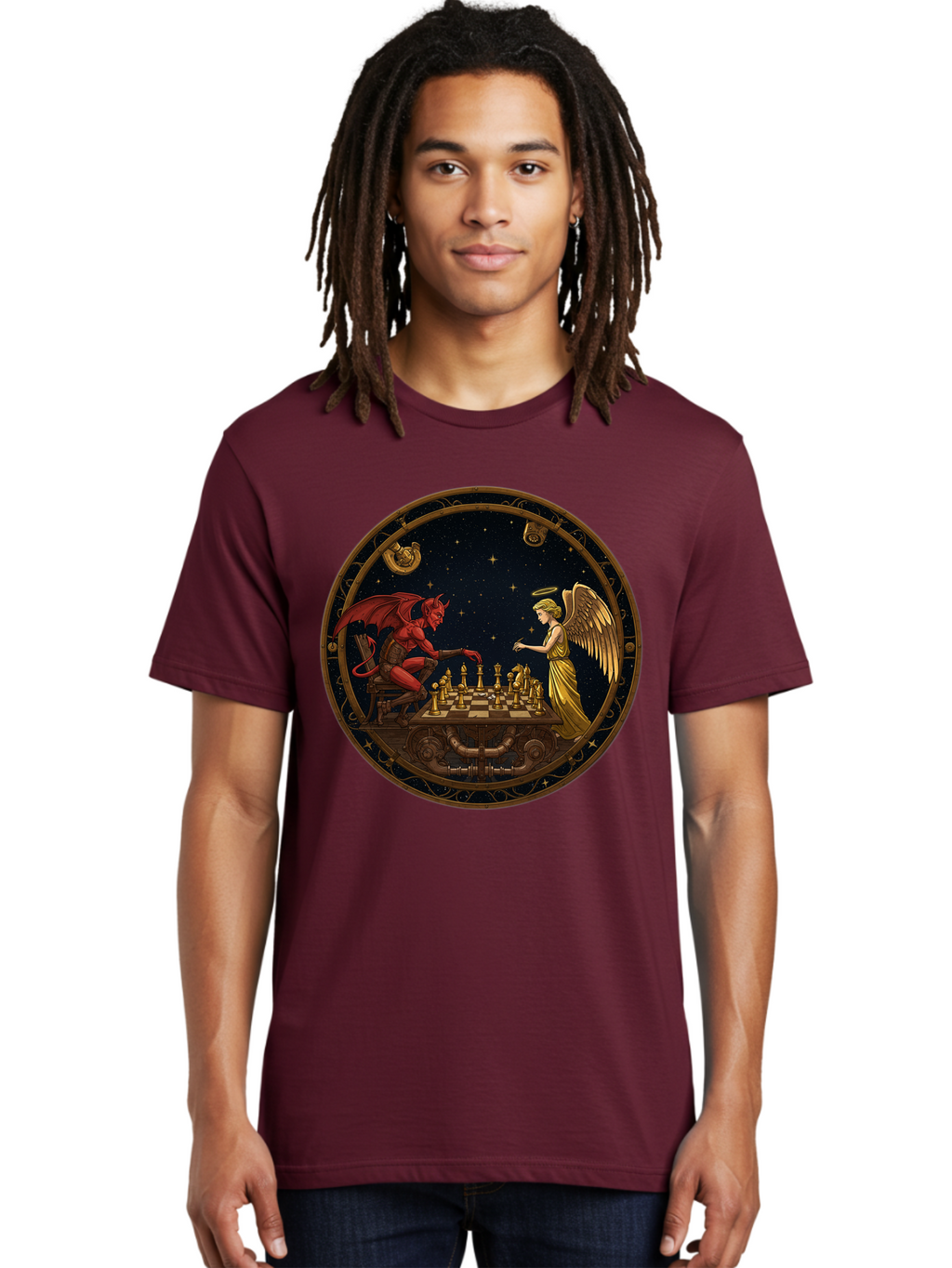 Devil-Vs-Angel-Chess-1 Men'S Graphic Tee, 100% Cotton, Comfortable Casual Summer Wear, Machine Washable, Vintage Camera, Old Camera, Antique Camera, Black Camera, Classic Photography, Photography Equipment, Nostalgic Device, Film Camera, Bah903
