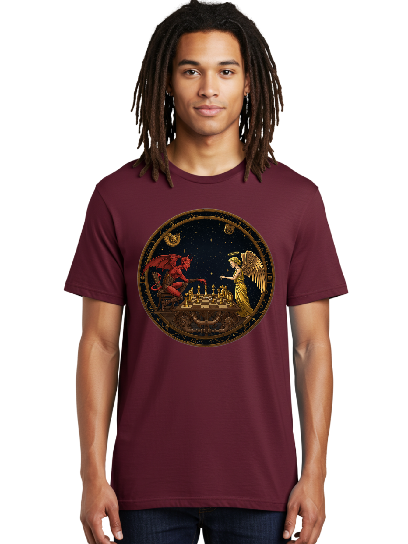 Devil-Vs-Angel-Chess-1 Men'S Graphic Tee, 100% Cotton, Comfortable Casual Summer Wear, Machine Washable, Vintage Camera, Old Camera, Antique Camera, Black Camera, Classic Photography, Photography Equipment, Nostalgic Device, Film Camera, Bah903