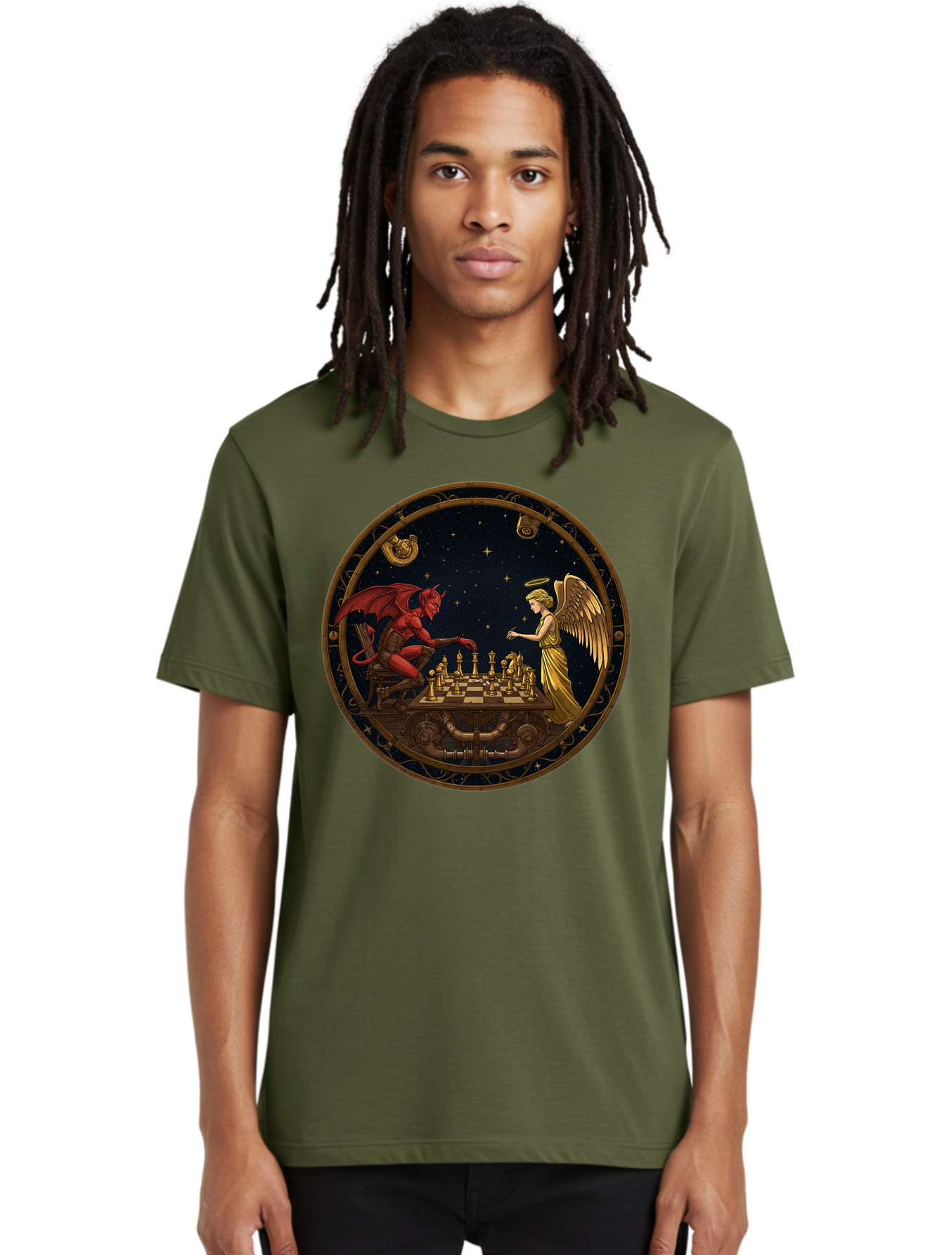 Devil-Vs-Angel-Chess-1 Men'S Graphic Tee, 100% Cotton, Comfortable Casual Summer Wear, Machine Washable, Vintage Camera, Old Camera, Antique Camera, Black Camera, Classic Photography, Photography Equipment, Nostalgic Device, Film Camera, Bah903