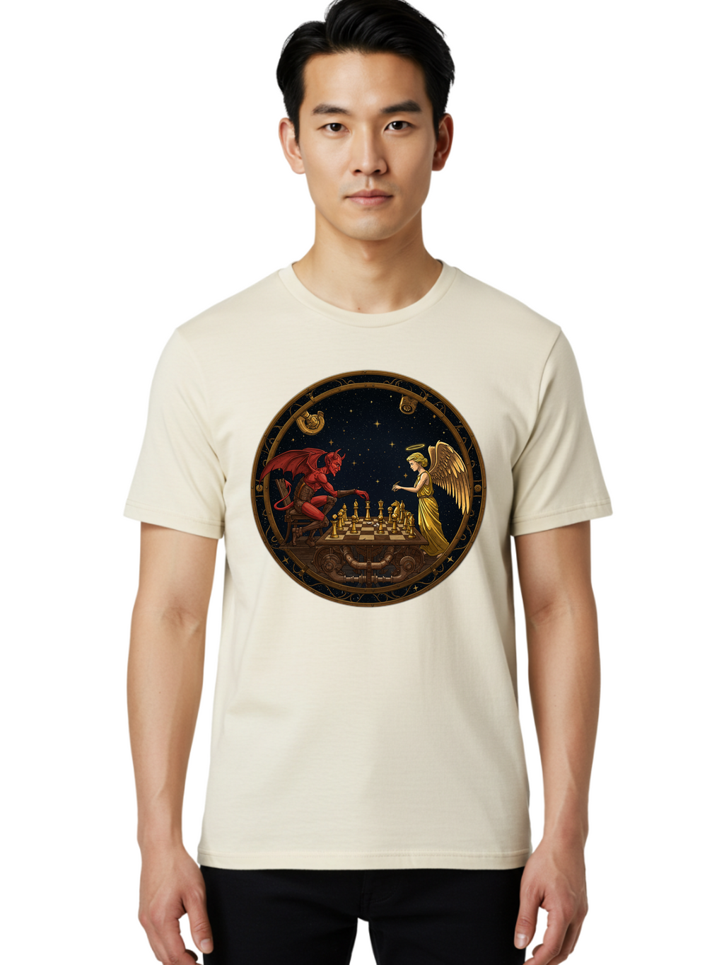 Devil-Vs-Angel-Chess-1 Men'S Graphic Tee, 100% Cotton, Comfortable Casual Summer Wear, Machine Washable, Vintage Camera, Old Camera, Antique Camera, Black Camera, Classic Photography, Photography Equipment, Nostalgic Device, Film Camera, Bah903