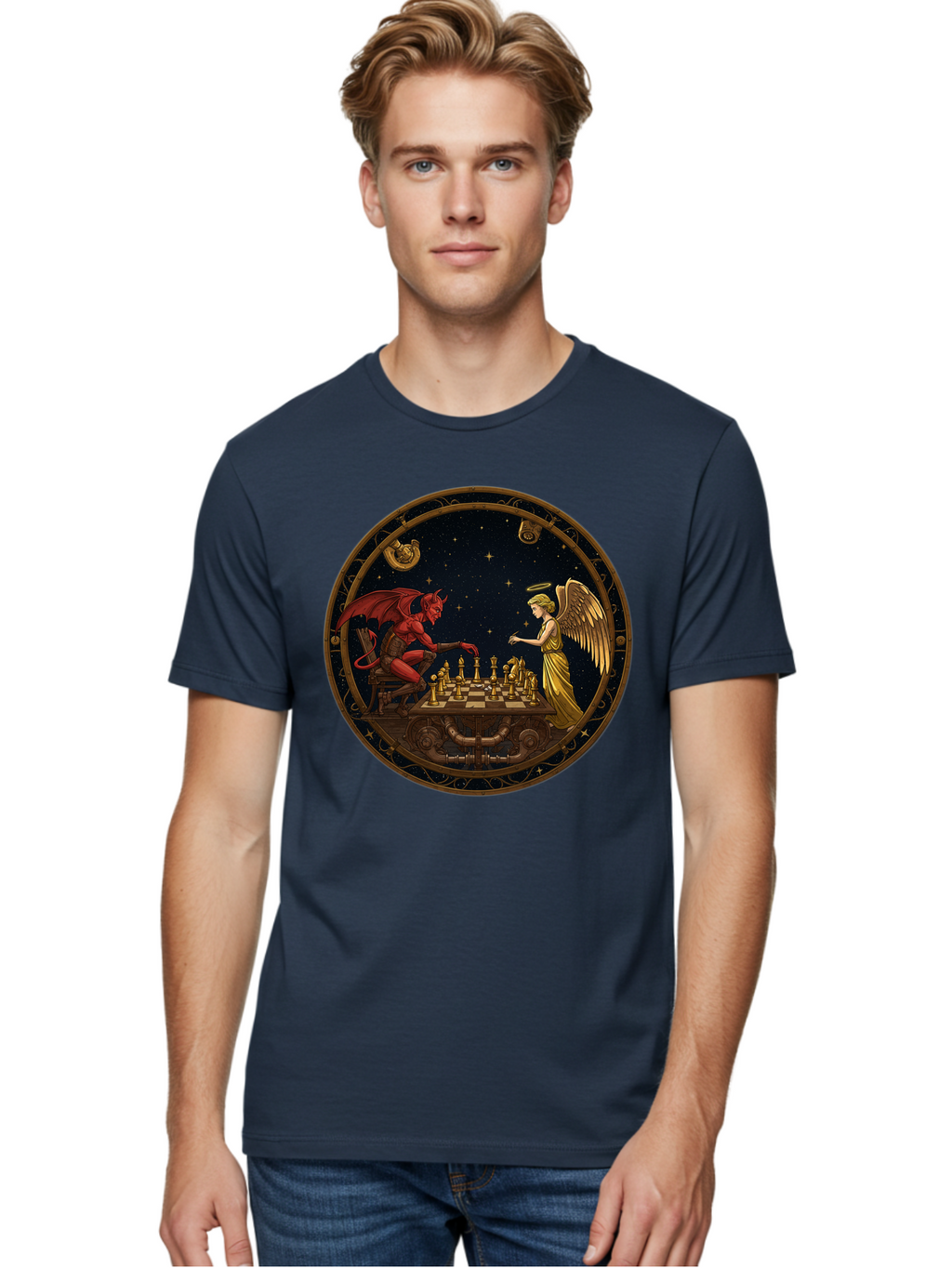 Devil-Vs-Angel-Chess-1 Men'S Graphic Tee, 100% Cotton, Comfortable Casual Summer Wear, Machine Washable, Vintage Camera, Old Camera, Antique Camera, Black Camera, Classic Photography, Photography Equipment, Nostalgic Device, Film Camera, Bah903