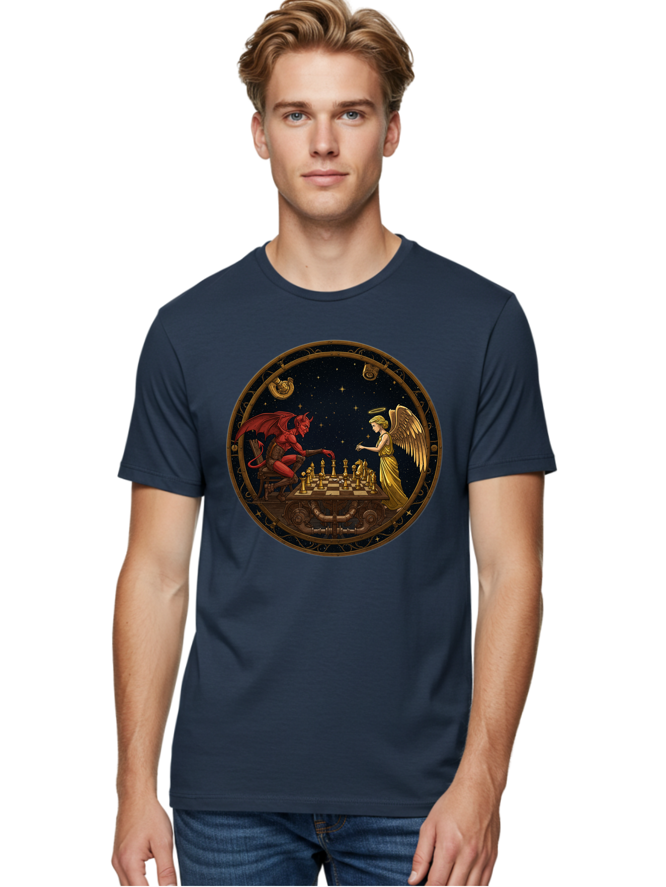 Devil-Vs-Angel-Chess-1 Men'S Graphic Tee, 100% Cotton, Comfortable Casual Summer Wear, Machine Washable, Vintage Camera, Old Camera, Antique Camera, Black Camera, Classic Photography, Photography Equipment, Nostalgic Device, Film Camera, Bah903