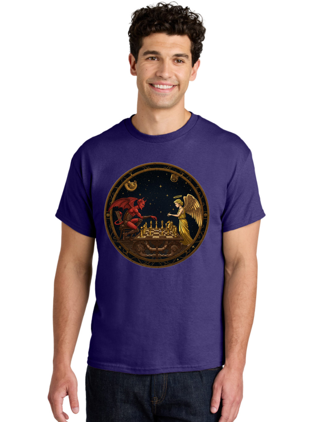 Devil-Vs-Angel-Chess-1 Men'S Graphic Tee, 100% Cotton, Comfortable Casual Summer Wear, Machine Washable, Vintage Camera, Old Camera, Antique Camera, Black Camera, Classic Photography, Photography Equipment, Nostalgic Device, Film Camera, Bah903