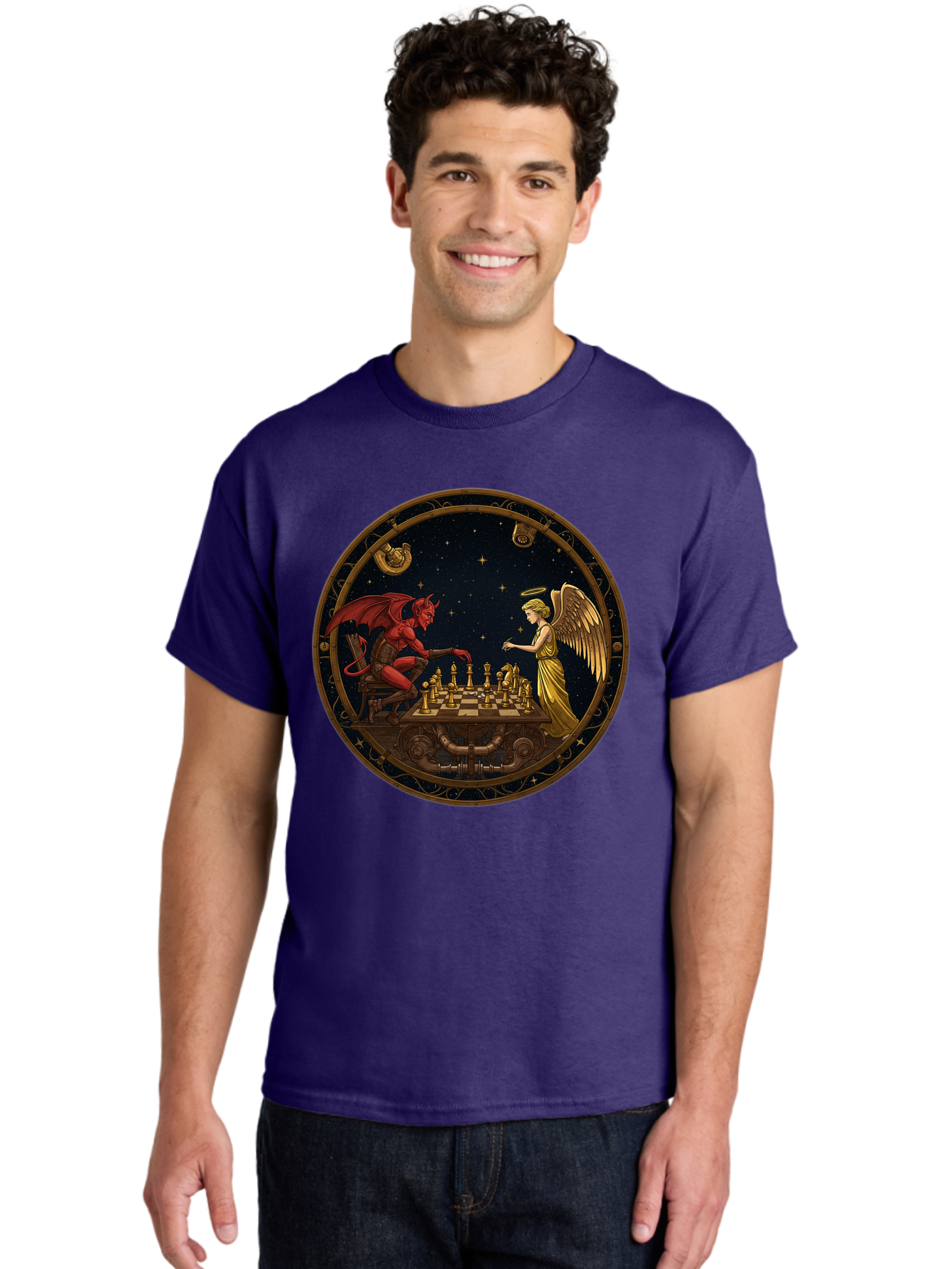 Devil-Vs-Angel-Chess-1 Men'S Graphic Tee, 100% Cotton, Comfortable Casual Summer Wear, Machine Washable, Vintage Camera, Old Camera, Antique Camera, Black Camera, Classic Photography, Photography Equipment, Nostalgic Device, Film Camera, Bah903