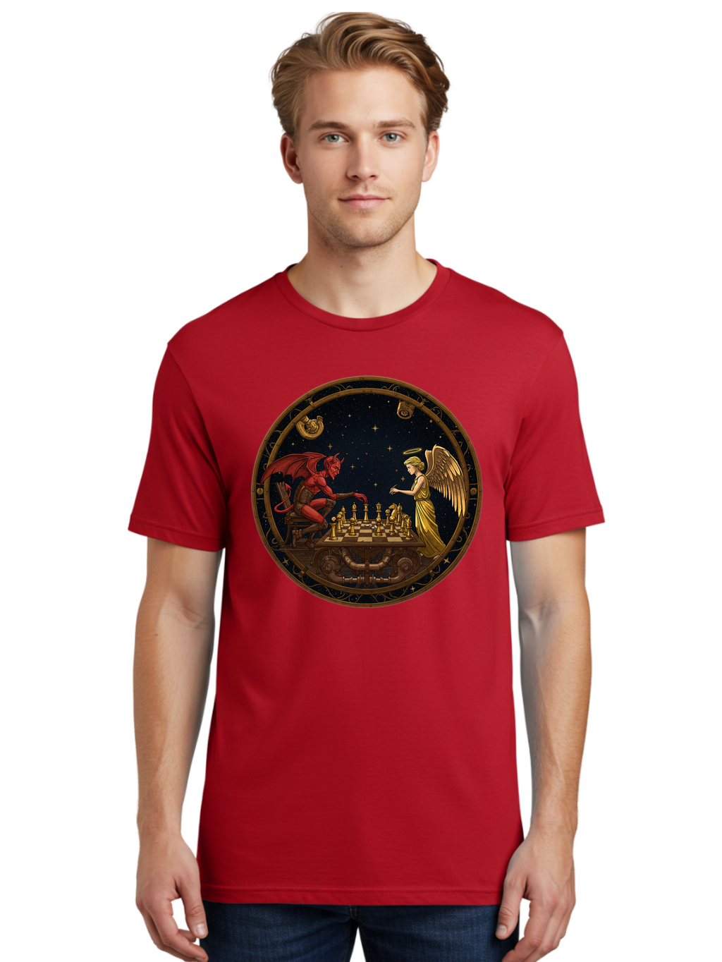 Devil-Vs-Angel-Chess-1 Men'S Graphic Tee, 100% Cotton, Comfortable Casual Summer Wear, Machine Washable, Vintage Camera, Old Camera, Antique Camera, Black Camera, Classic Photography, Photography Equipment, Nostalgic Device, Film Camera, Bah903