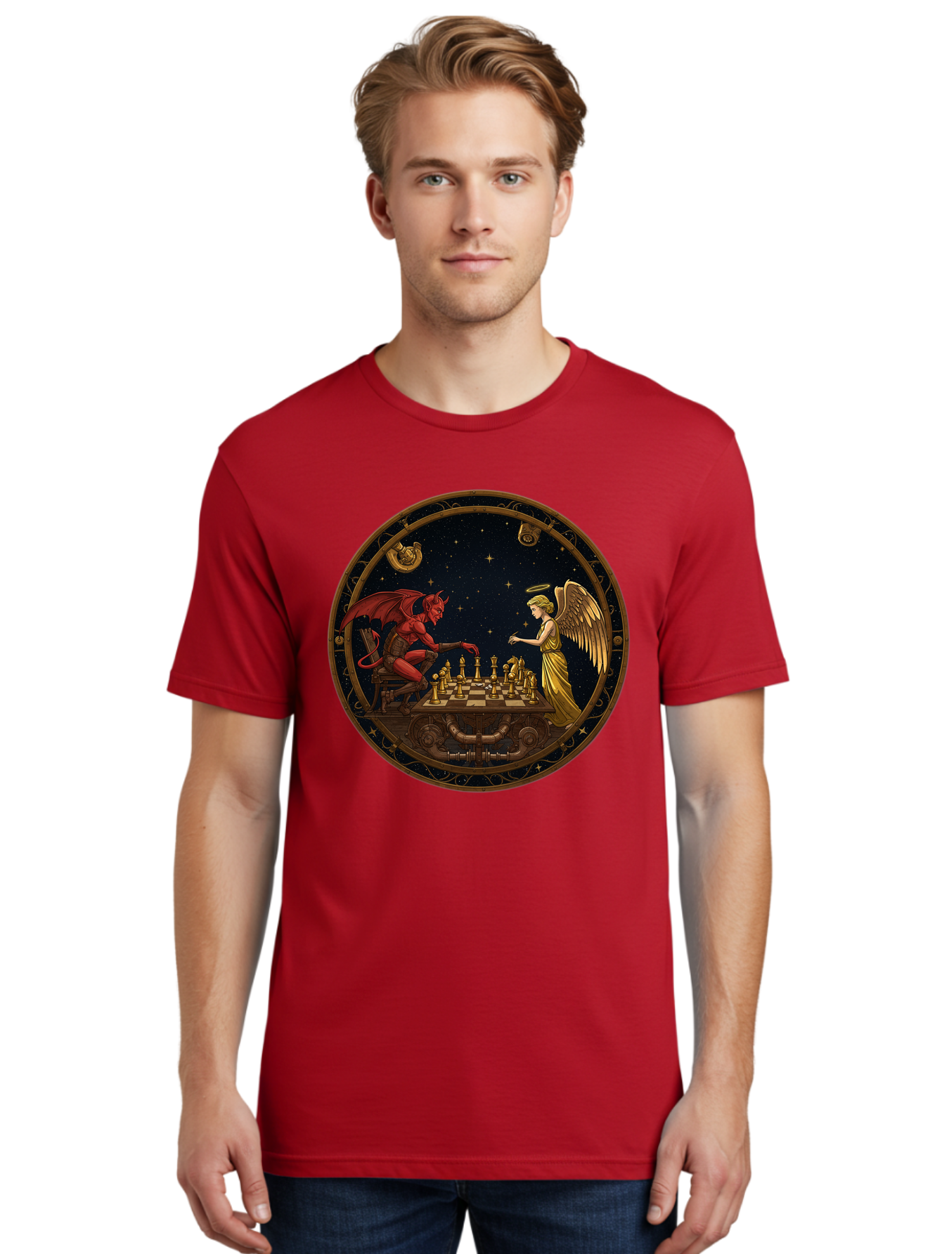 Devil-Vs-Angel-Chess-1 Men'S Graphic Tee, 100% Cotton, Comfortable Casual Summer Wear, Machine Washable, Vintage Camera, Old Camera, Antique Camera, Black Camera, Classic Photography, Photography Equipment, Nostalgic Device, Film Camera, Bah903