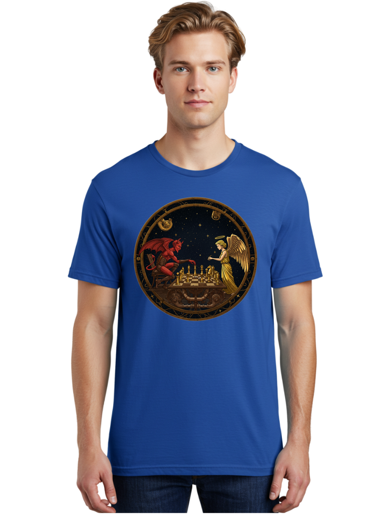 Devil-Vs-Angel-Chess-1 Men'S Graphic Tee, 100% Cotton, Comfortable Casual Summer Wear, Machine Washable, Vintage Camera, Old Camera, Antique Camera, Black Camera, Classic Photography, Photography Equipment, Nostalgic Device, Film Camera, Bah903
