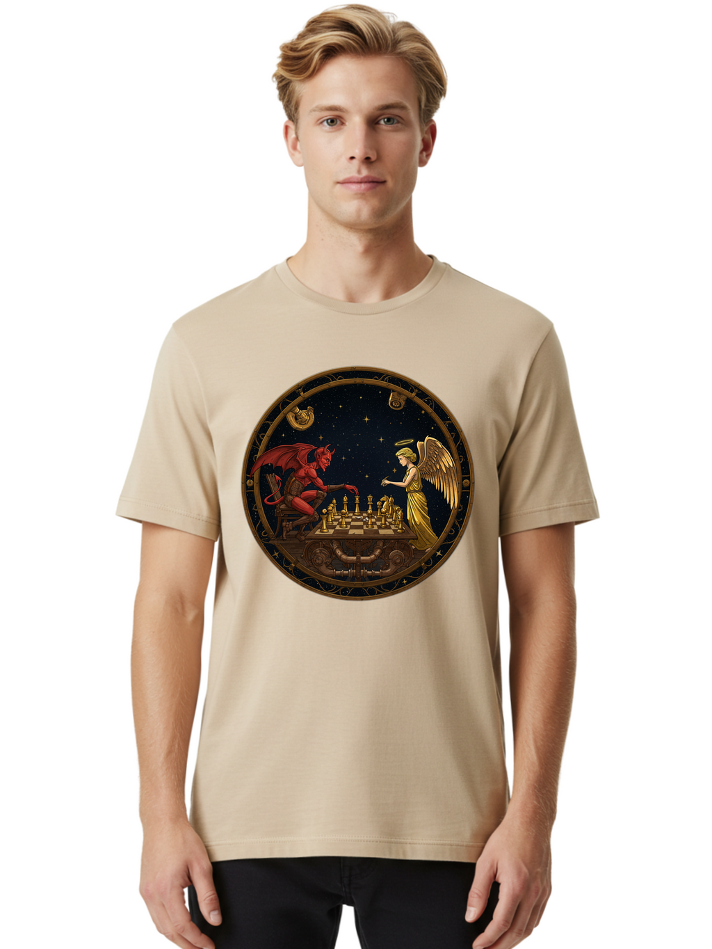 Devil-Vs-Angel-Chess-1 Men'S Graphic Tee, 100% Cotton, Comfortable Casual Summer Wear, Machine Washable, Vintage Camera, Old Camera, Antique Camera, Black Camera, Classic Photography, Photography Equipment, Nostalgic Device, Film Camera, Bah903