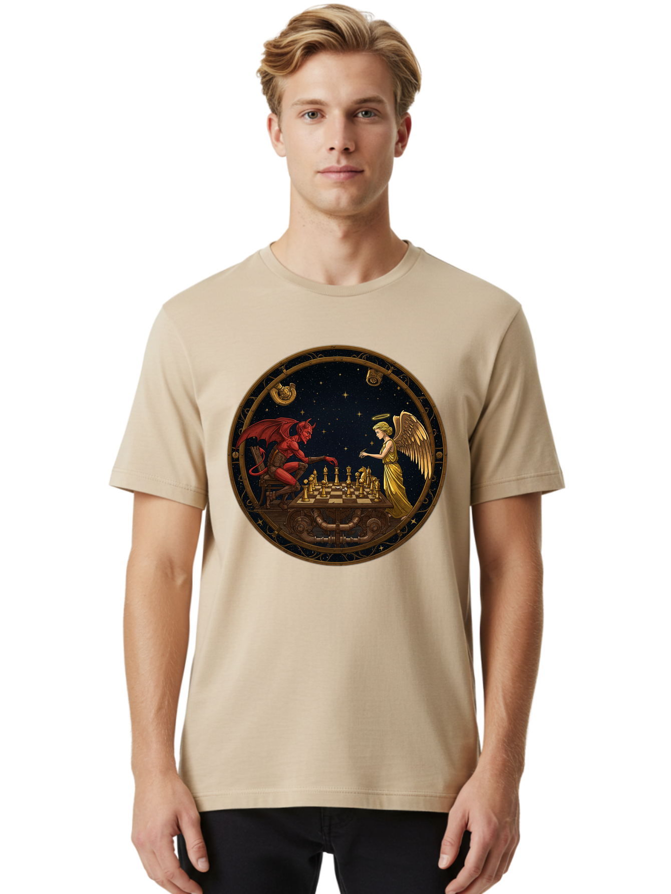 Devil-Vs-Angel-Chess-1 Men'S Graphic Tee, 100% Cotton, Comfortable Casual Summer Wear, Machine Washable, Vintage Camera, Old Camera, Antique Camera, Black Camera, Classic Photography, Photography Equipment, Nostalgic Device, Film Camera, Bah903