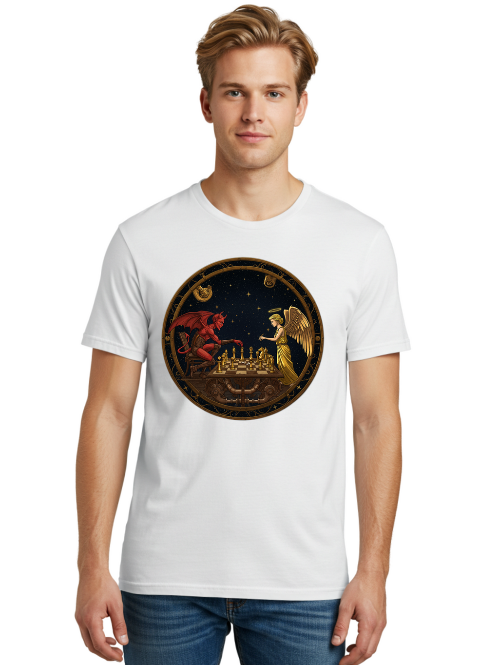 Devil-Vs-Angel-Chess-1 Men'S Graphic Tee, 100% Cotton, Comfortable Casual Summer Wear, Machine Washable, Vintage Camera, Old Camera, Antique Camera, Black Camera, Classic Photography, Photography Equipment, Nostalgic Device, Film Camera, Bah903