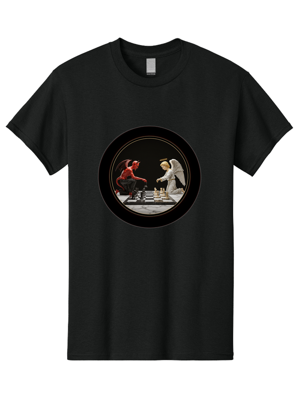 Devil-Vs-Angel-Chess-2 Men'S Graphic Tee, 100% Cotton, Comfortable Casual Summer Wear, Machine Washable, Vintage Camera, Old Camera, Antique Camera, Black Camera, Classic Photography, Photography Equipment, Nostalgic Device, Film Camera, Bah904