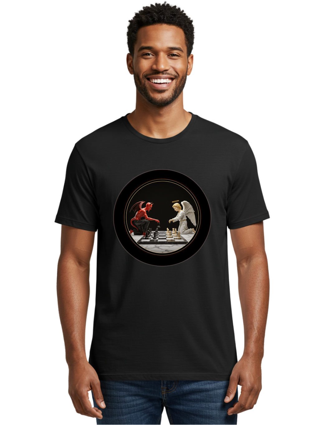 Devil-Vs-Angel-Chess-2 Men'S Graphic Tee, 100% Cotton, Comfortable Casual Summer Wear, Machine Washable, Vintage Camera, Old Camera, Antique Camera, Black Camera, Classic Photography, Photography Equipment, Nostalgic Device, Film Camera, Bah904