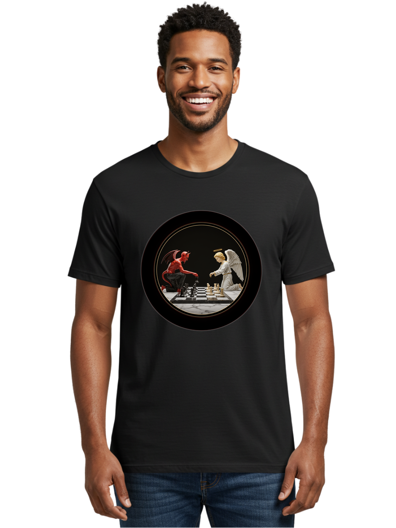 Devil-Vs-Angel-Chess-2 Men'S Graphic Tee, 100% Cotton, Comfortable Casual Summer Wear, Machine Washable, Vintage Camera, Old Camera, Antique Camera, Black Camera, Classic Photography, Photography Equipment, Nostalgic Device, Film Camera, Bah904