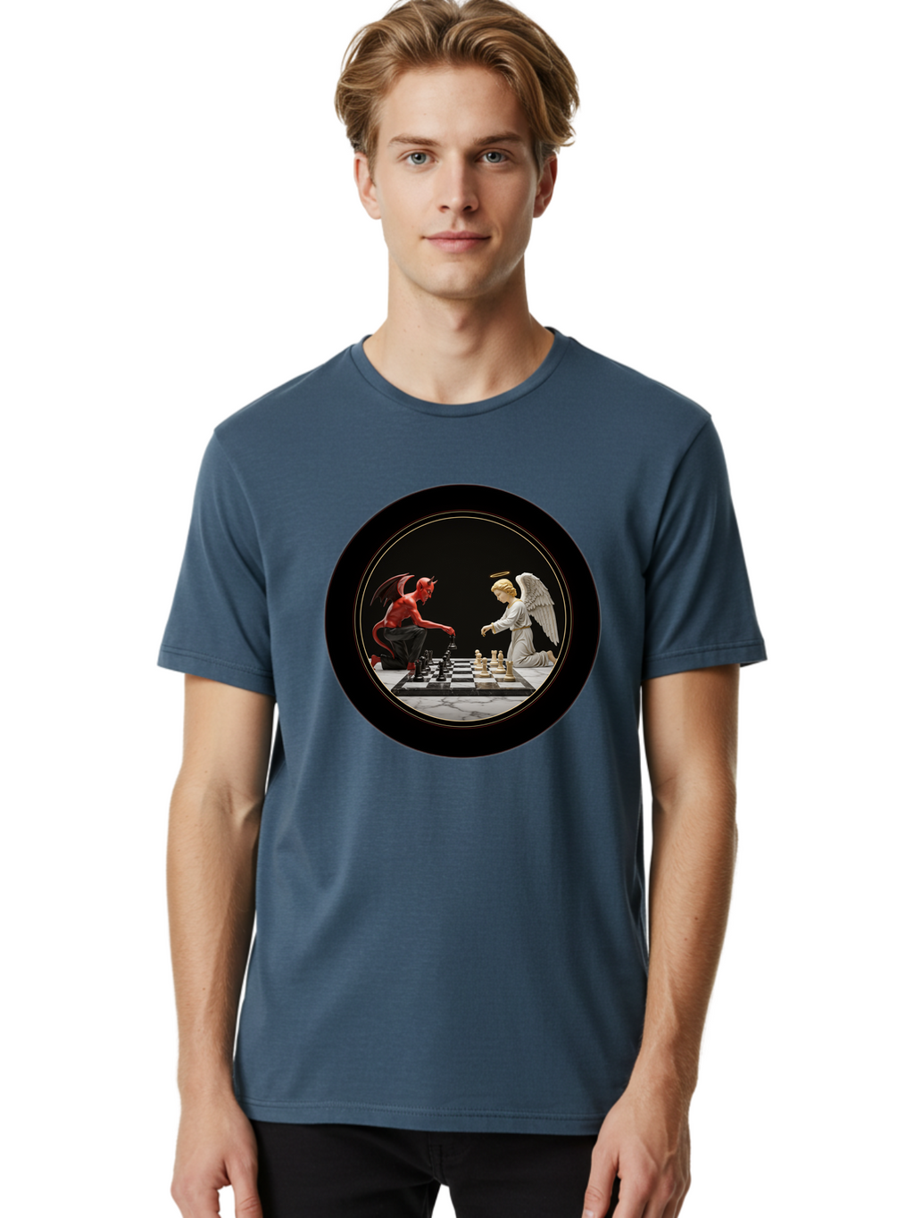 Devil-Vs-Angel-Chess-2 Men'S Graphic Tee, 100% Cotton, Comfortable Casual Summer Wear, Machine Washable, Vintage Camera, Old Camera, Antique Camera, Black Camera, Classic Photography, Photography Equipment, Nostalgic Device, Film Camera, Bah904