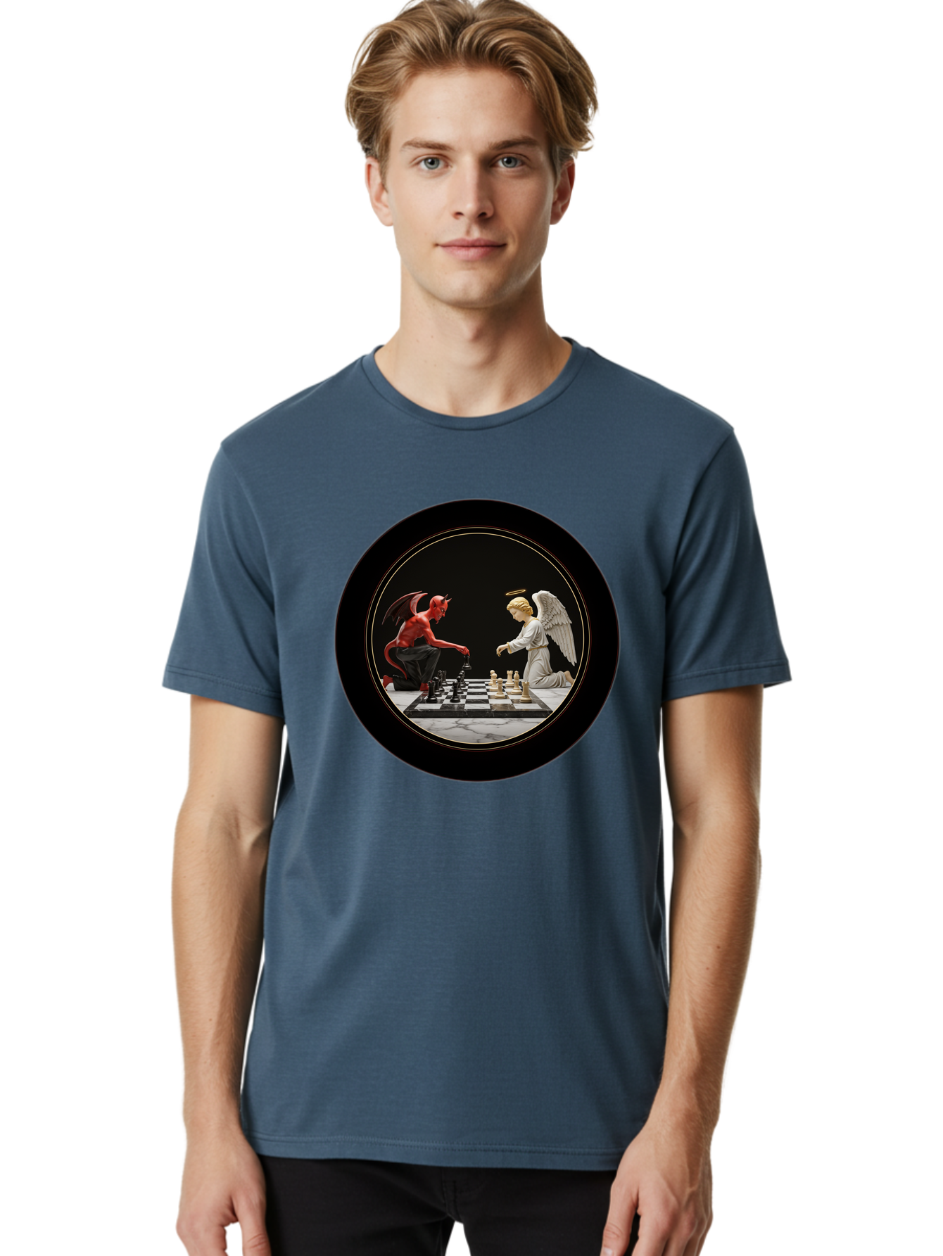 Devil-Vs-Angel-Chess-2 Men'S Graphic Tee, 100% Cotton, Comfortable Casual Summer Wear, Machine Washable, Vintage Camera, Old Camera, Antique Camera, Black Camera, Classic Photography, Photography Equipment, Nostalgic Device, Film Camera, Bah904