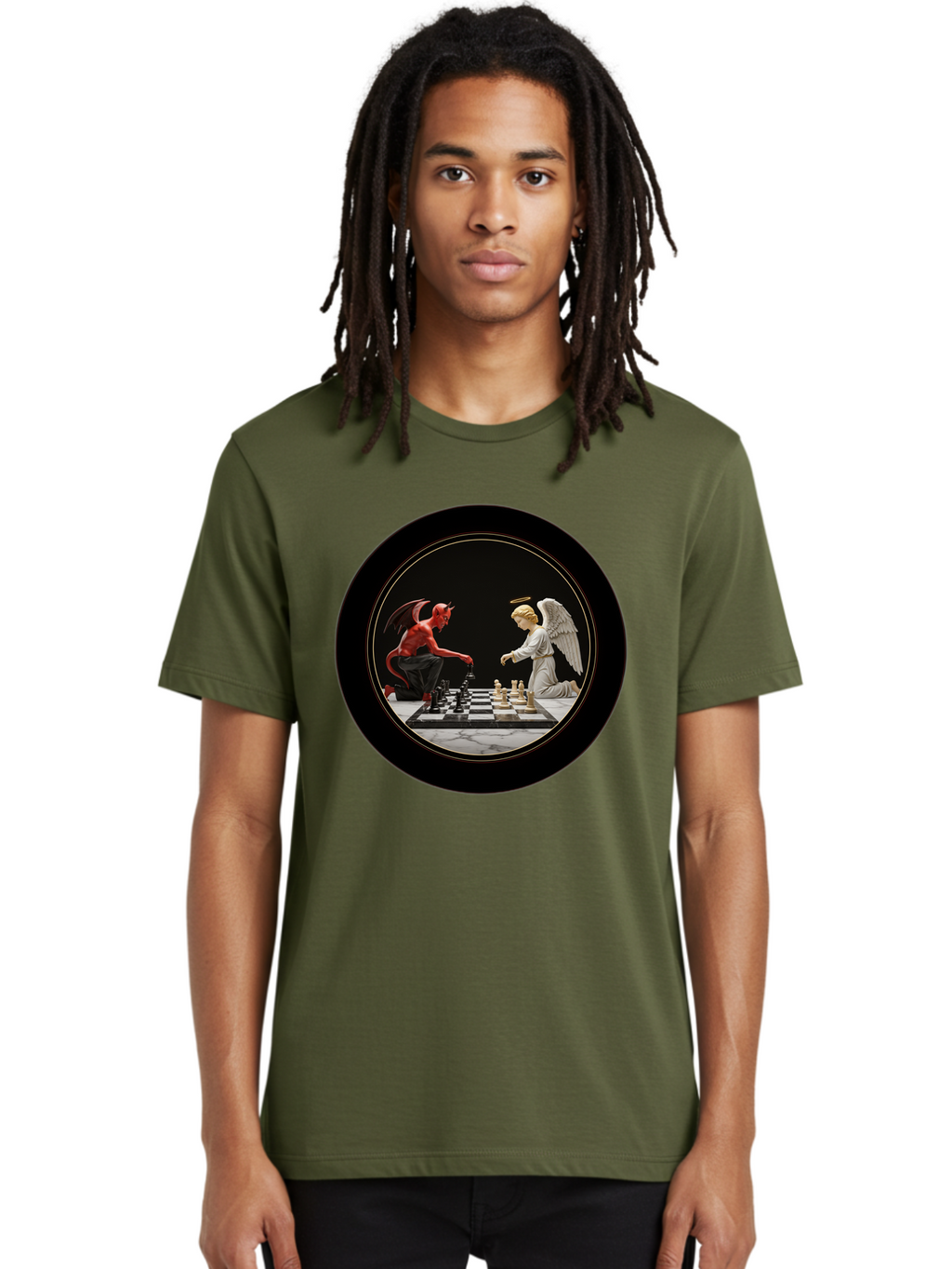 Devil-Vs-Angel-Chess-2 Men'S Graphic Tee, 100% Cotton, Comfortable Casual Summer Wear, Machine Washable, Vintage Camera, Old Camera, Antique Camera, Black Camera, Classic Photography, Photography Equipment, Nostalgic Device, Film Camera, Bah904