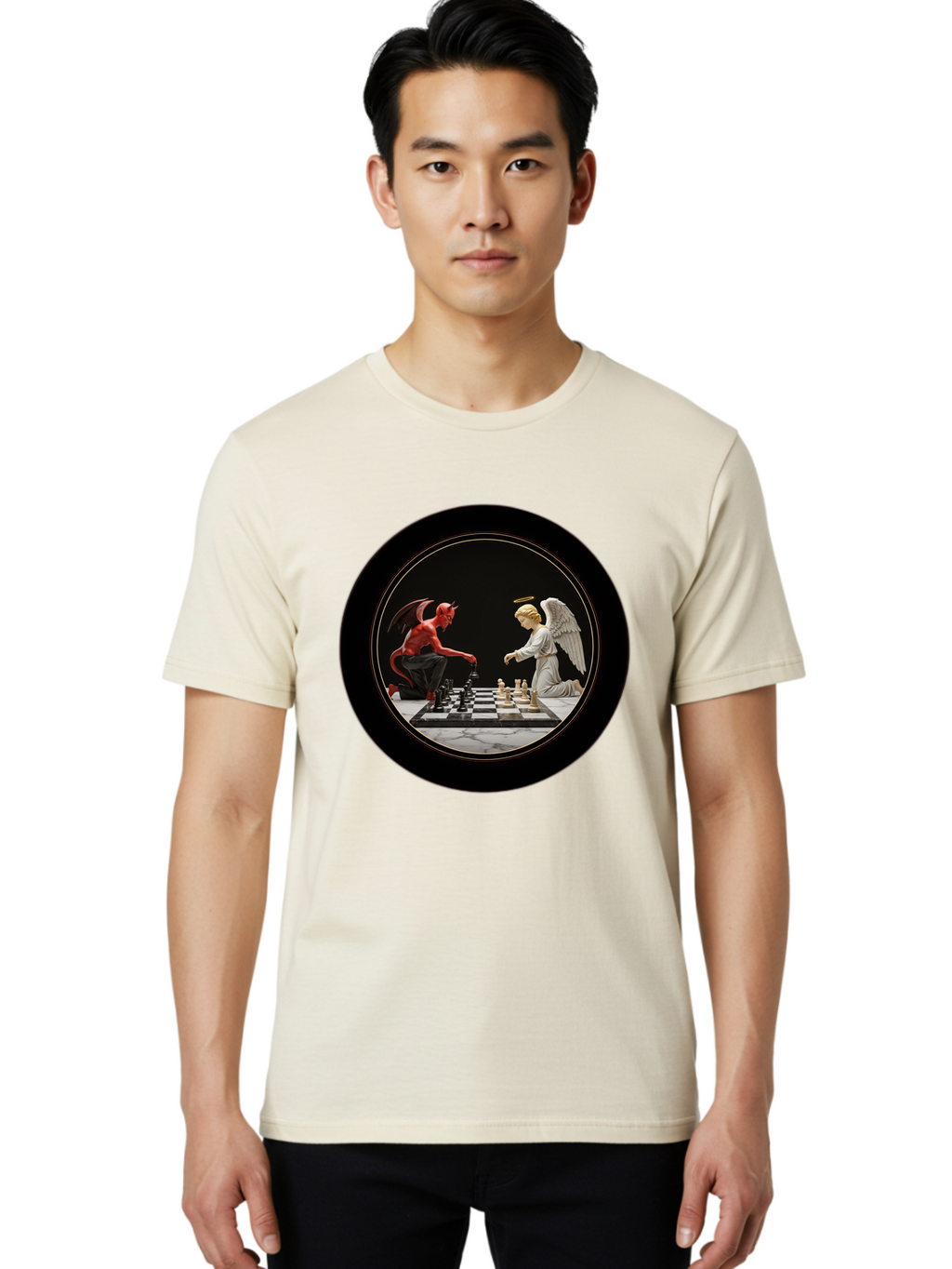Devil-Vs-Angel-Chess-2 Men'S Graphic Tee, 100% Cotton, Comfortable Casual Summer Wear, Machine Washable, Vintage Camera, Old Camera, Antique Camera, Black Camera, Classic Photography, Photography Equipment, Nostalgic Device, Film Camera, Bah904