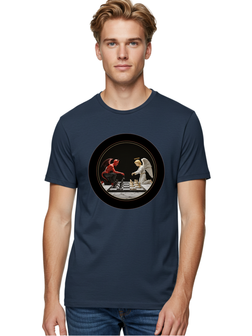 Devil-Vs-Angel-Chess-2 Men'S Graphic Tee, 100% Cotton, Comfortable Casual Summer Wear, Machine Washable, Vintage Camera, Old Camera, Antique Camera, Black Camera, Classic Photography, Photography Equipment, Nostalgic Device, Film Camera, Bah904
