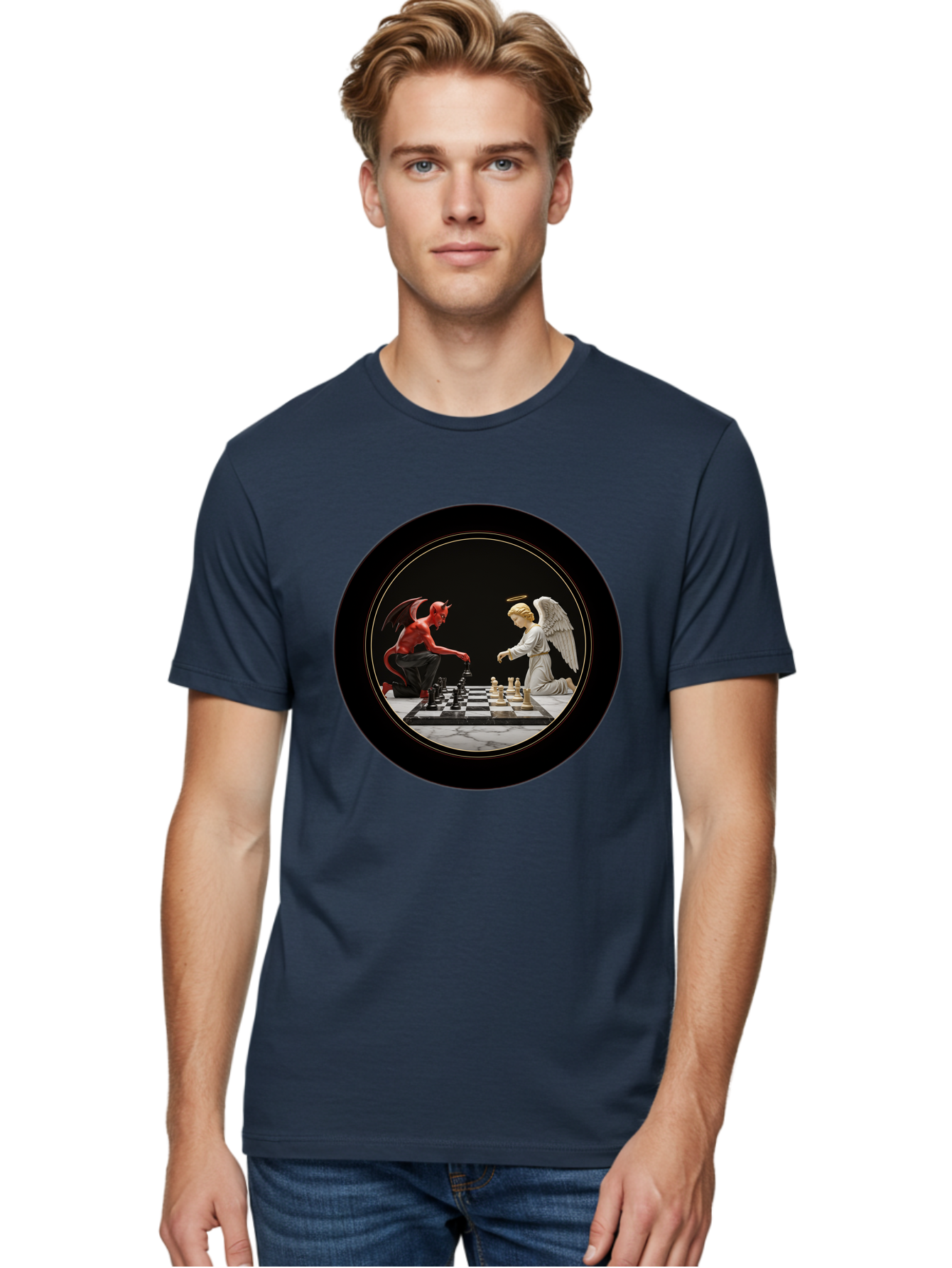 Devil-Vs-Angel-Chess-2 Men'S Graphic Tee, 100% Cotton, Comfortable Casual Summer Wear, Machine Washable, Vintage Camera, Old Camera, Antique Camera, Black Camera, Classic Photography, Photography Equipment, Nostalgic Device, Film Camera, Bah904