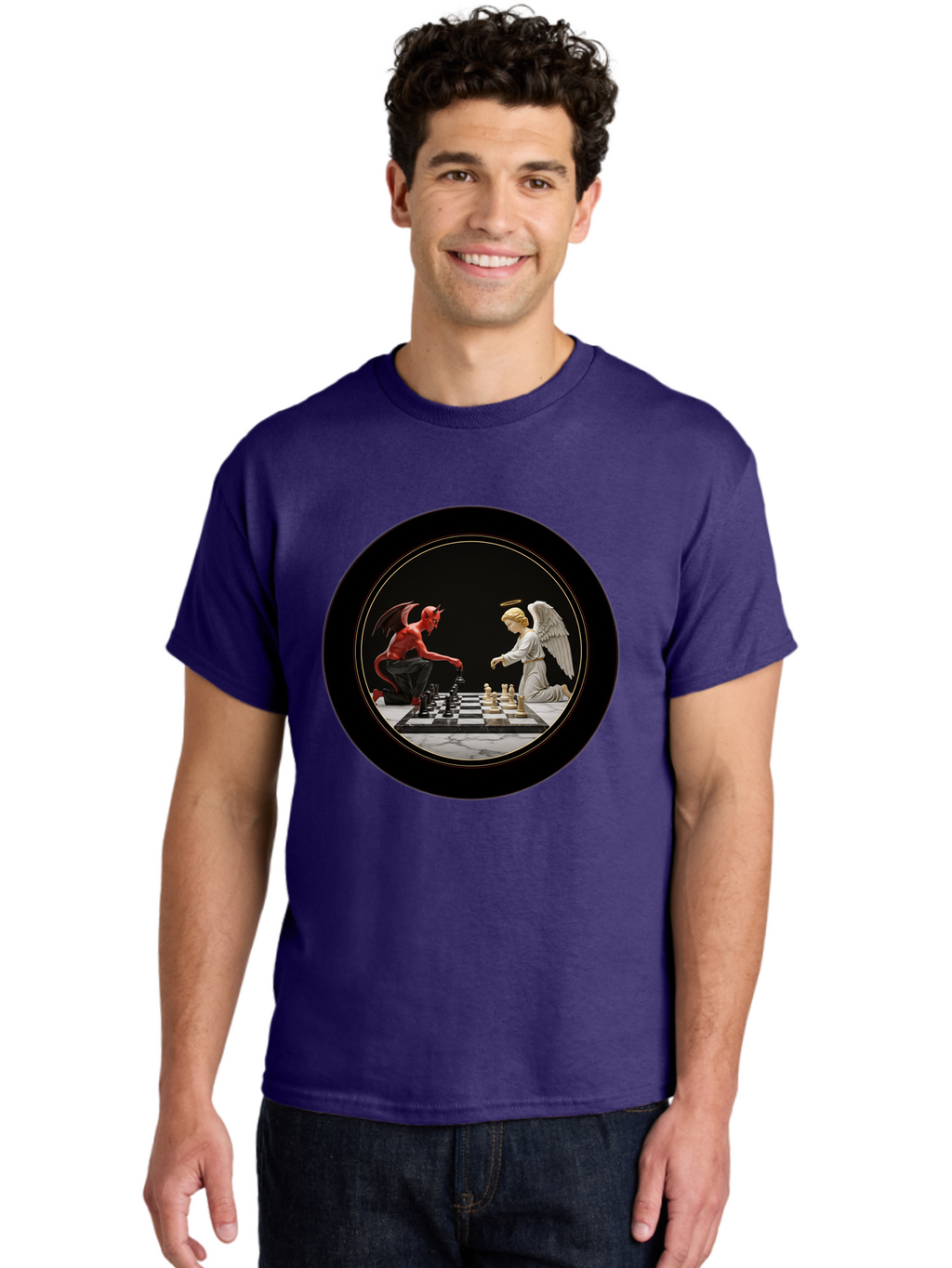 Devil-Vs-Angel-Chess-2 Men'S Graphic Tee, 100% Cotton, Comfortable Casual Summer Wear, Machine Washable, Vintage Camera, Old Camera, Antique Camera, Black Camera, Classic Photography, Photography Equipment, Nostalgic Device, Film Camera, Bah904