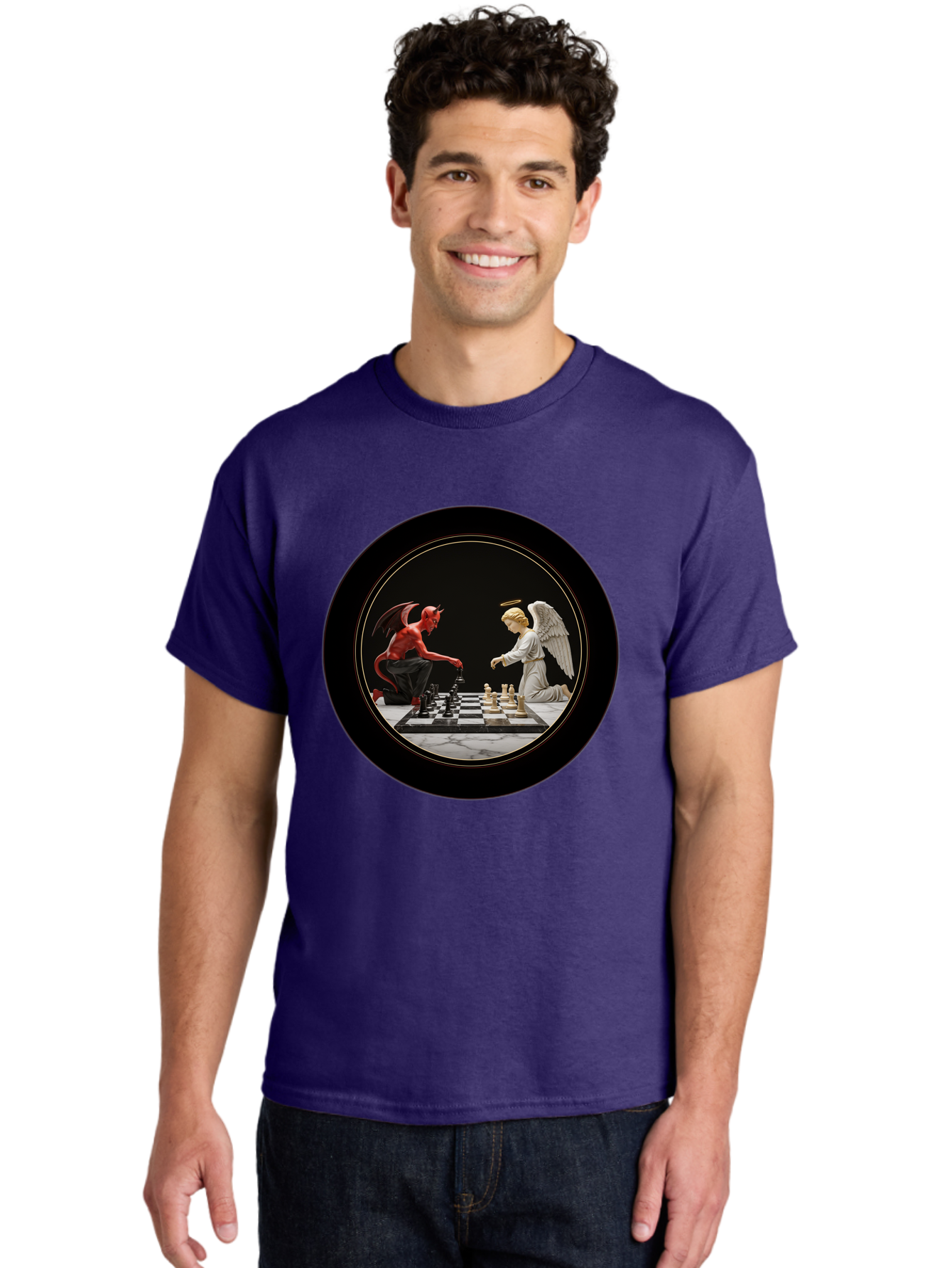 Devil-Vs-Angel-Chess-2 Men'S Graphic Tee, 100% Cotton, Comfortable Casual Summer Wear, Machine Washable, Vintage Camera, Old Camera, Antique Camera, Black Camera, Classic Photography, Photography Equipment, Nostalgic Device, Film Camera, Bah904