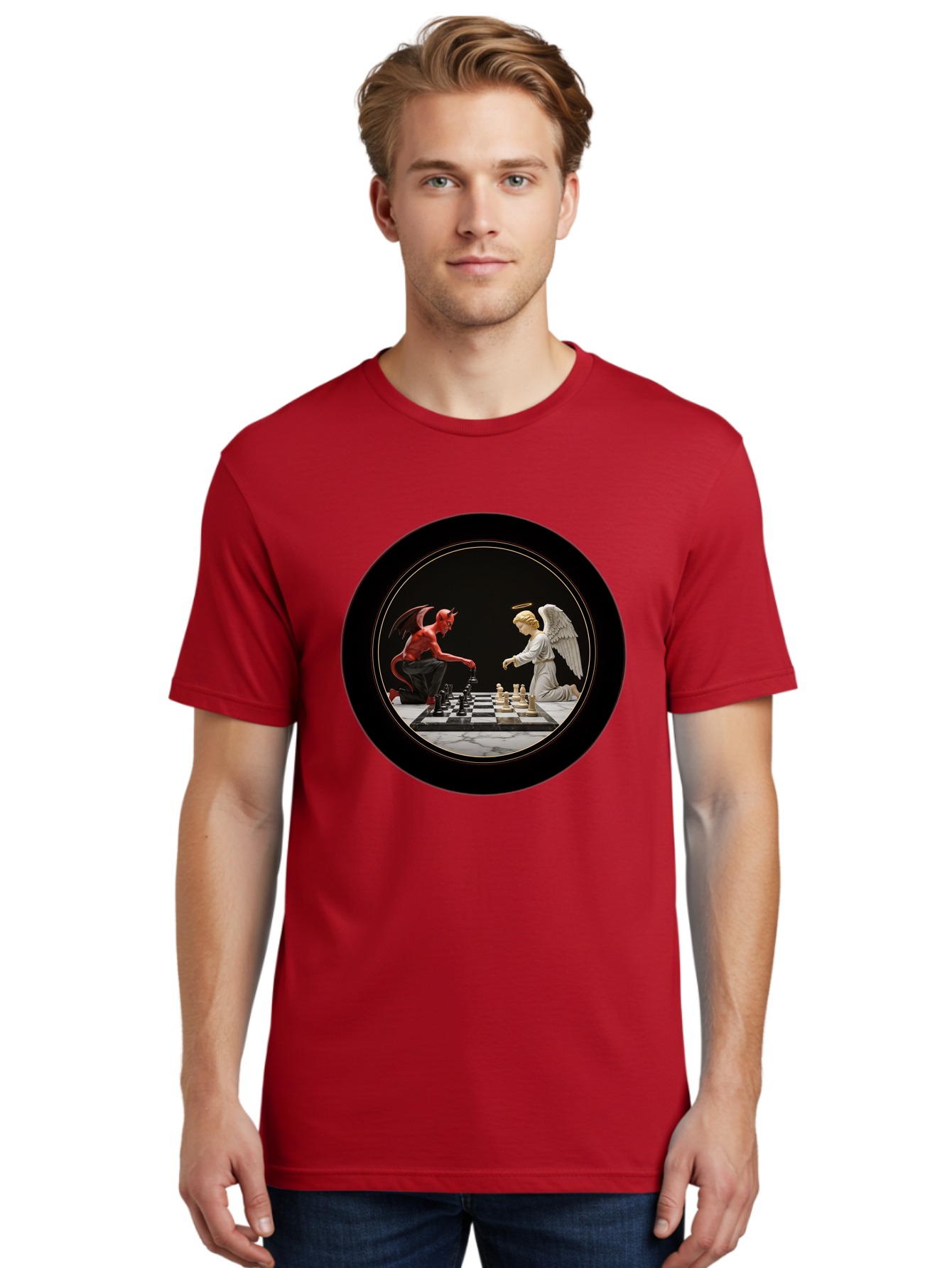 Devil-Vs-Angel-Chess-2 Men'S Graphic Tee, 100% Cotton, Comfortable Casual Summer Wear, Machine Washable, Vintage Camera, Old Camera, Antique Camera, Black Camera, Classic Photography, Photography Equipment, Nostalgic Device, Film Camera, Bah904