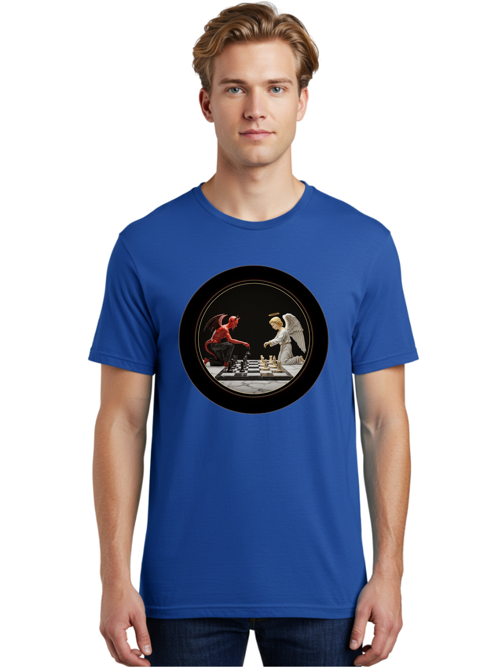 Devil-Vs-Angel-Chess-2 Men'S Graphic Tee, 100% Cotton, Comfortable Casual Summer Wear, Machine Washable, Vintage Camera, Old Camera, Antique Camera, Black Camera, Classic Photography, Photography Equipment, Nostalgic Device, Film Camera, Bah904