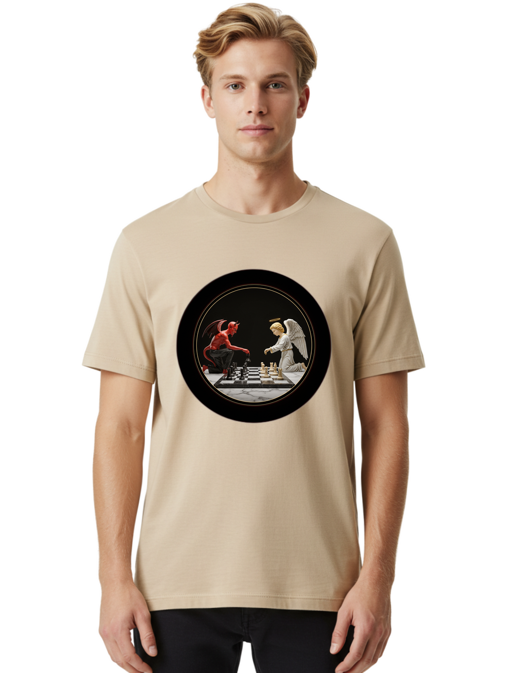 Devil-Vs-Angel-Chess-2 Men'S Graphic Tee, 100% Cotton, Comfortable Casual Summer Wear, Machine Washable, Vintage Camera, Old Camera, Antique Camera, Black Camera, Classic Photography, Photography Equipment, Nostalgic Device, Film Camera, Bah904