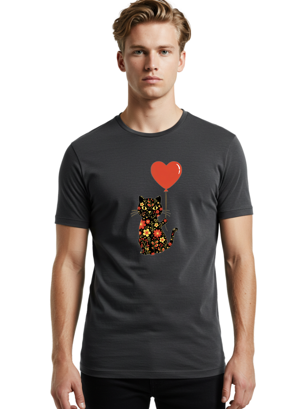 Floral-Cat-Heart-Balloon-1 Men'S Graphic Tee, 100% Cotton, Comfortable Casual Summer Wear, Machine Washable, Vintage Camera, Old Camera, Antique Camera, Black Camera, Classic Photography, Photography Equipment, Nostalgic Device, Film Camera, Bah996