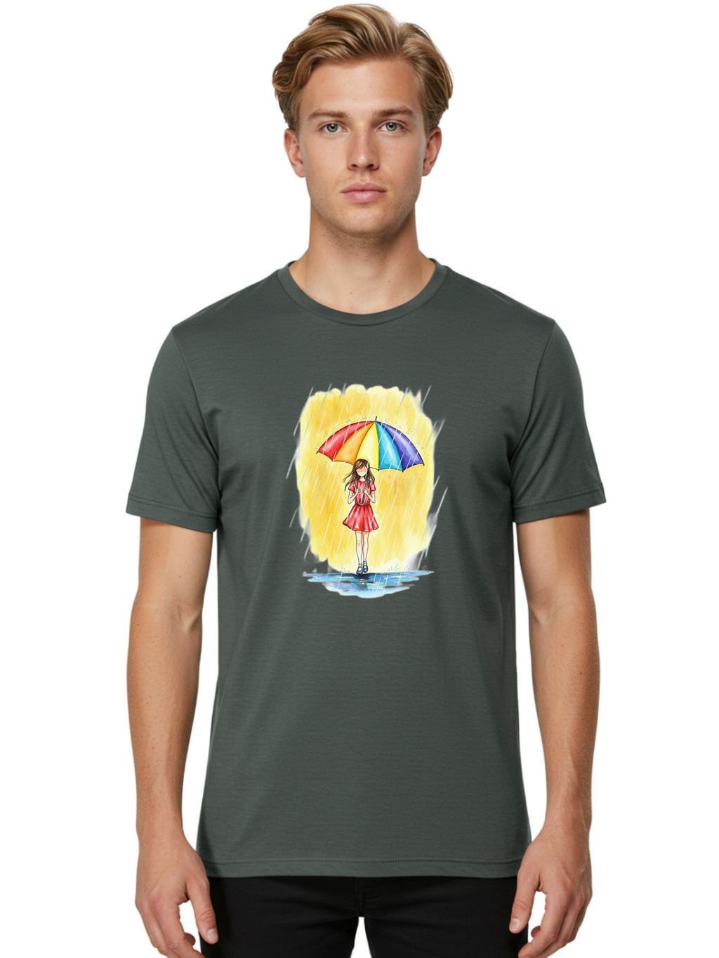 Girl-In-Red-Dress-With-Rainbow-Umbrella Men'S Graphic Tee, 100% Cotton, Comfortable Casual Summer Wear, Machine Washable, Vintage Camera, Old Camera, Antique Camera, Black Camera, Classic Photography, Photography Equipment, Nostalgic Device, Bai027