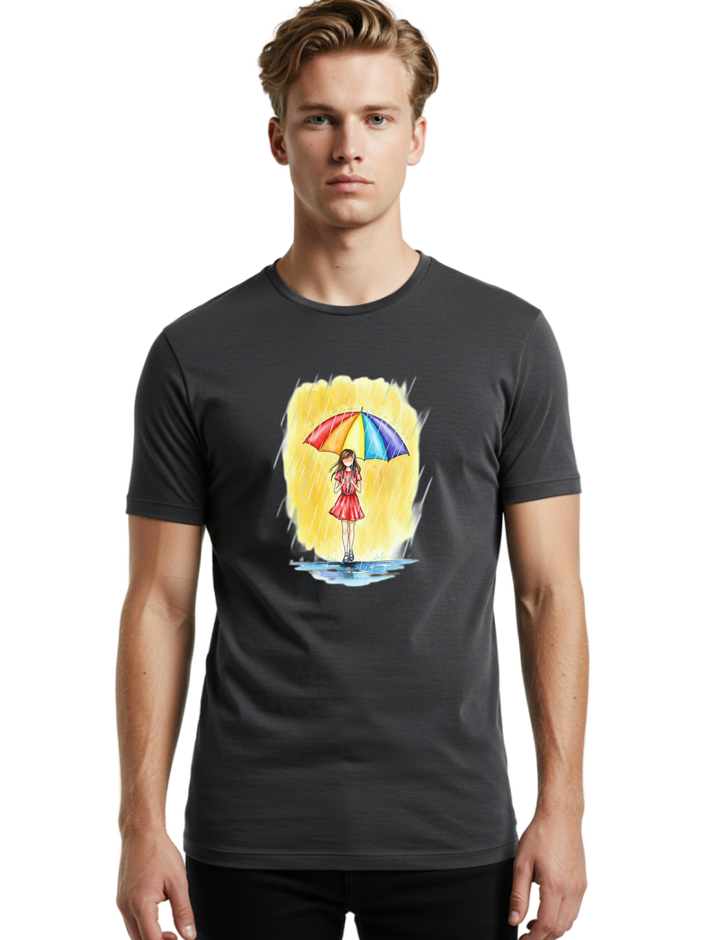 Girl-In-Red-Dress-With-Rainbow-Umbrella Men'S Graphic Tee, 100% Cotton, Comfortable Casual Summer Wear, Machine Washable, Vintage Camera, Old Camera, Antique Camera, Black Camera, Classic Photography, Photography Equipment, Nostalgic Device, Bai027